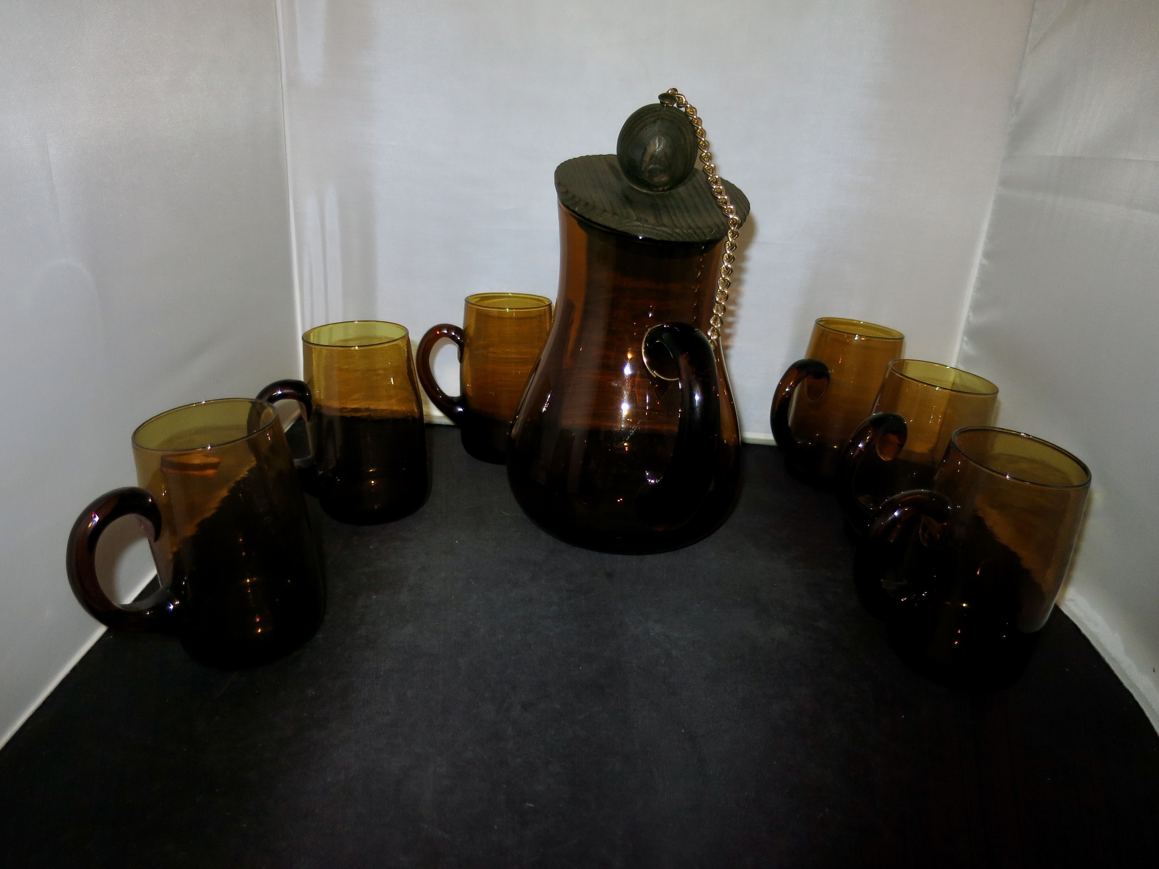 Amber Glass Pitcher and Mug Asymmetrical set Spain Mid Century