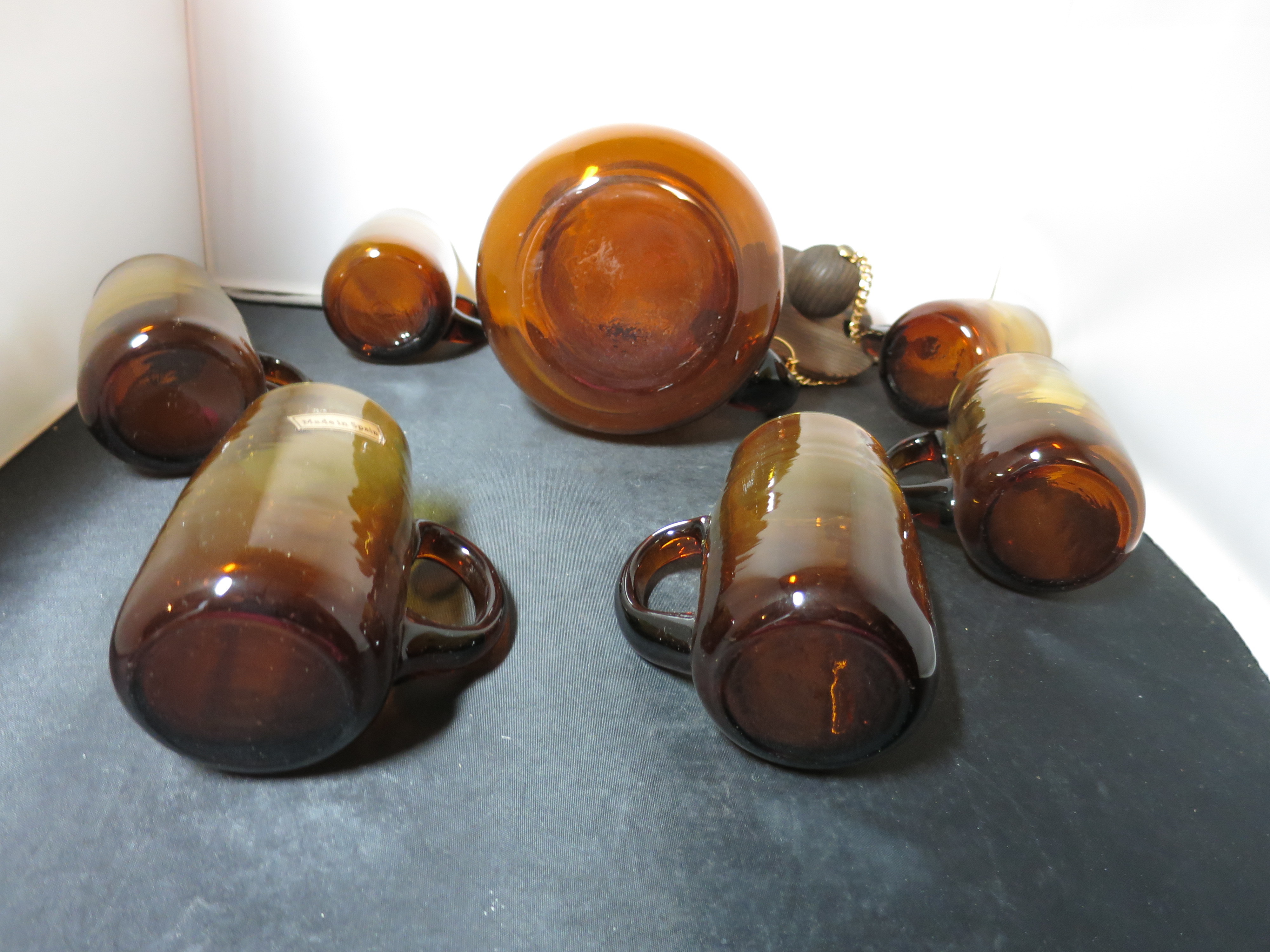 Amber Glass Pitcher and Mug Asymmetrical set Spain Mid Century