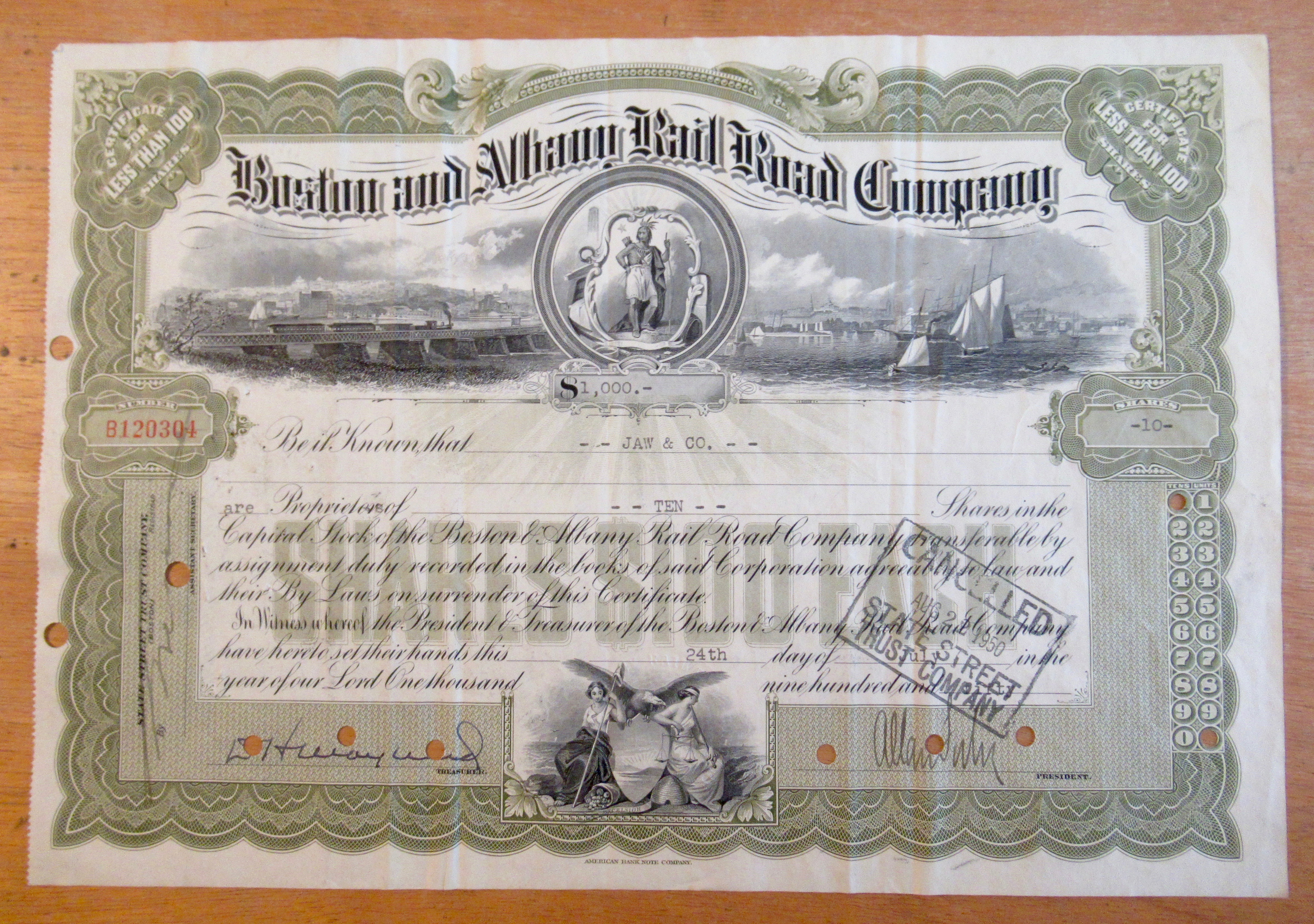 1950 Boston & Albany Railroad Co Stock Certificate