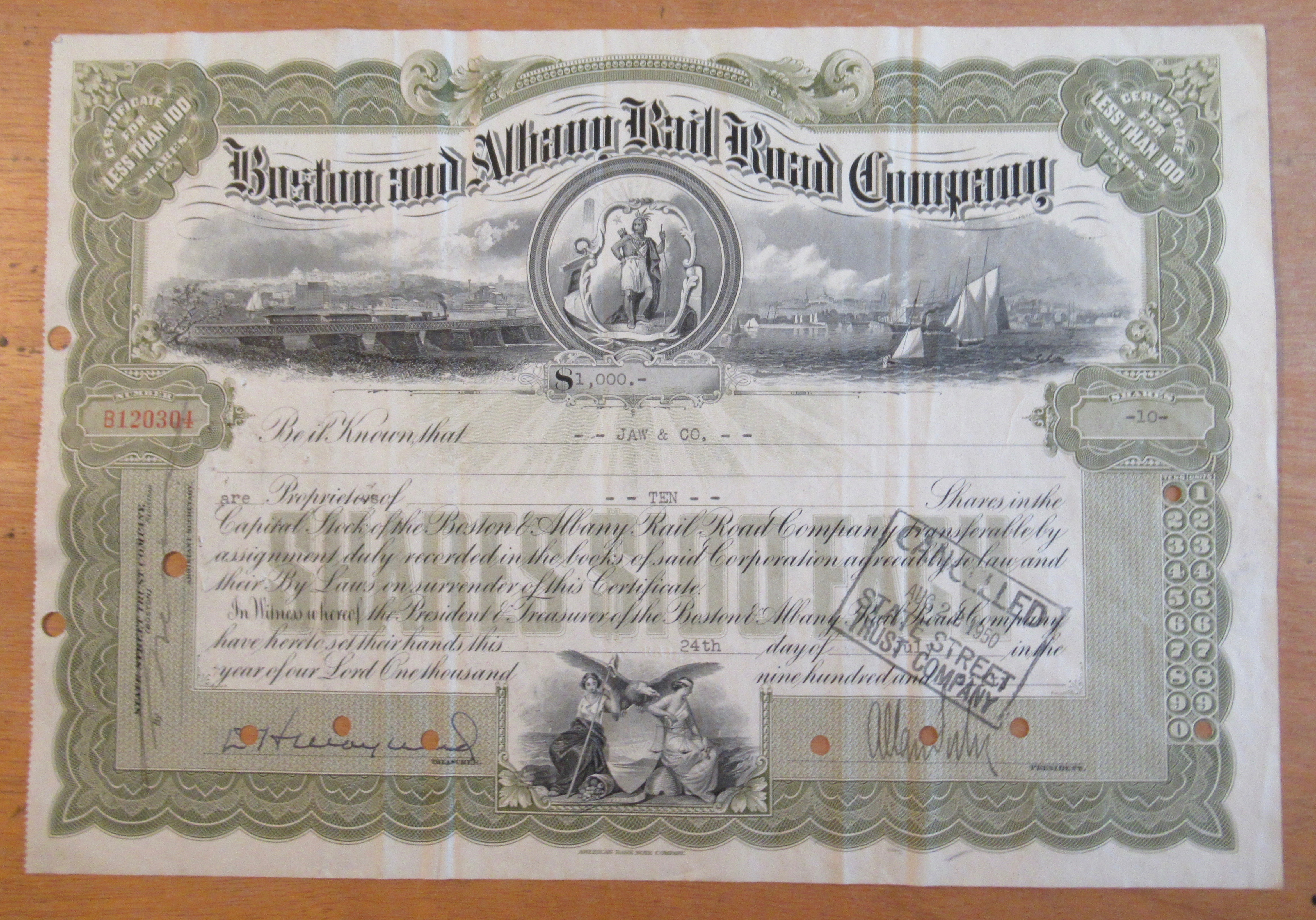 1950 Boston & Albany Railroad Co Stock Certificate