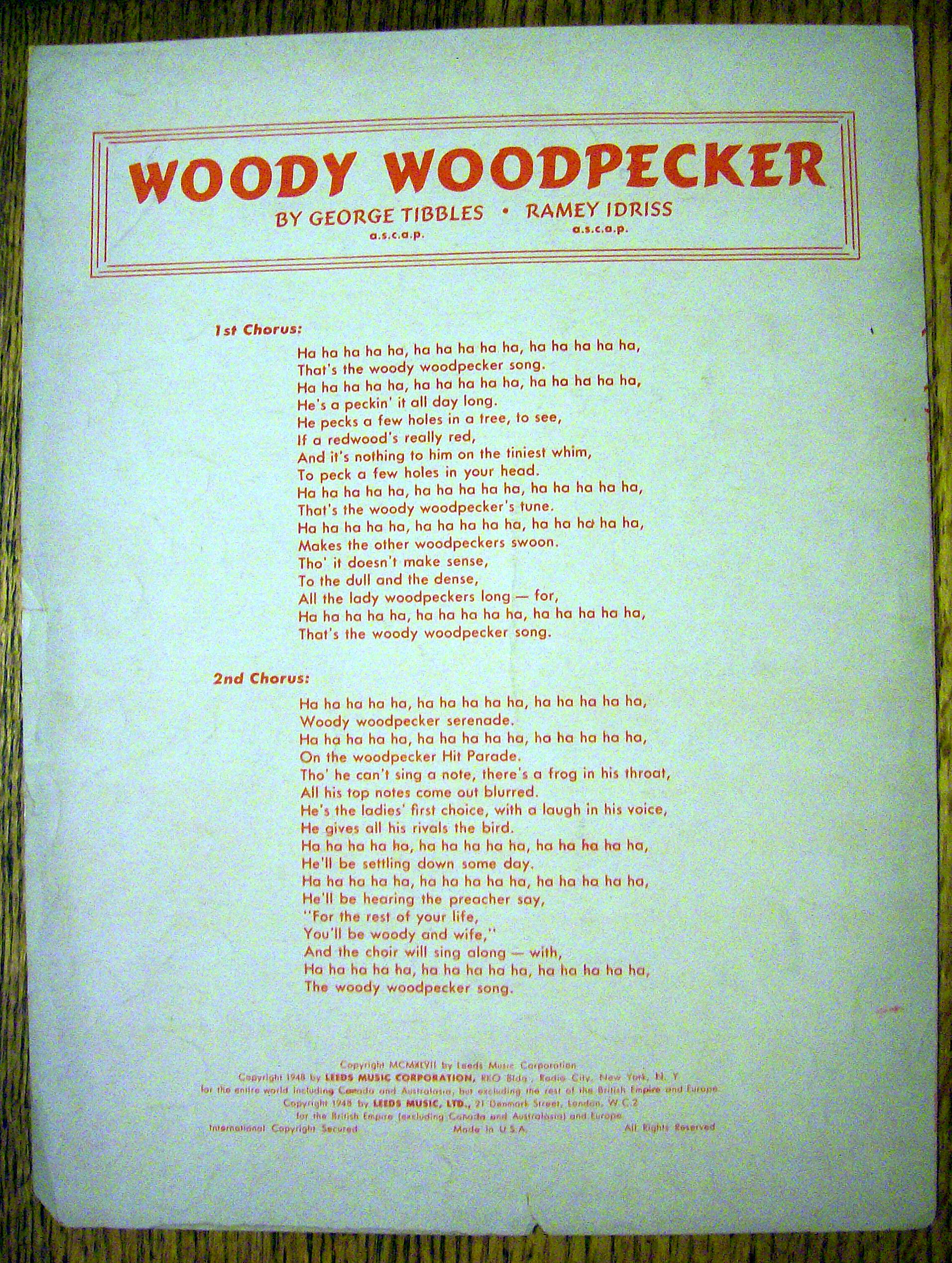 Sheet Music for 1947 Woody Woodpecker By Kay Kyser