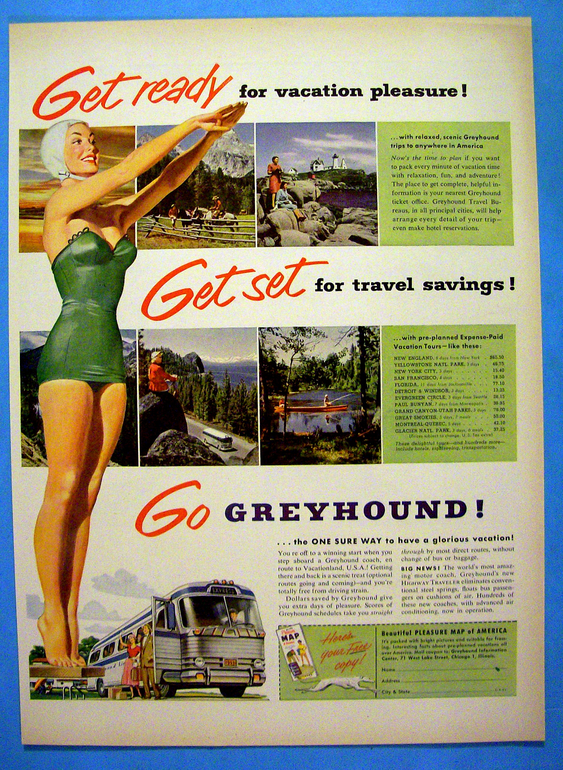 1953 Greyhound Bus Lines with Woman in a Bathing Suit