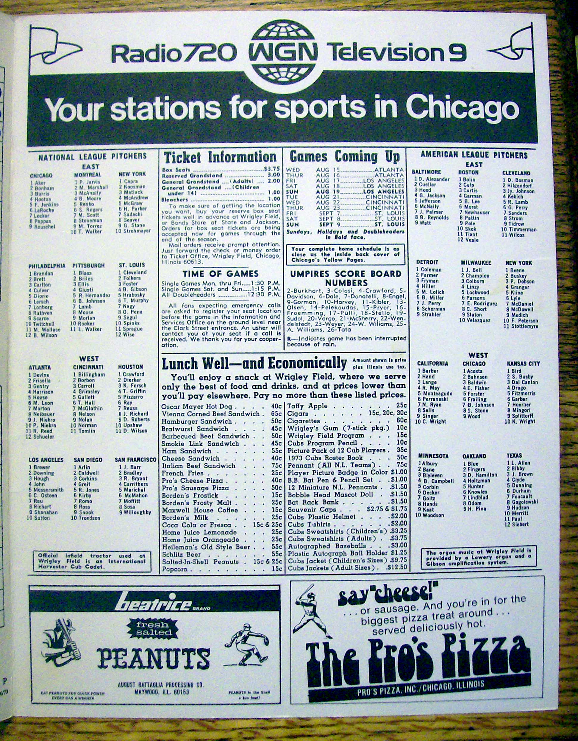 Chicago Cubs vs. Atlanta Braves Scorecard August 1973
