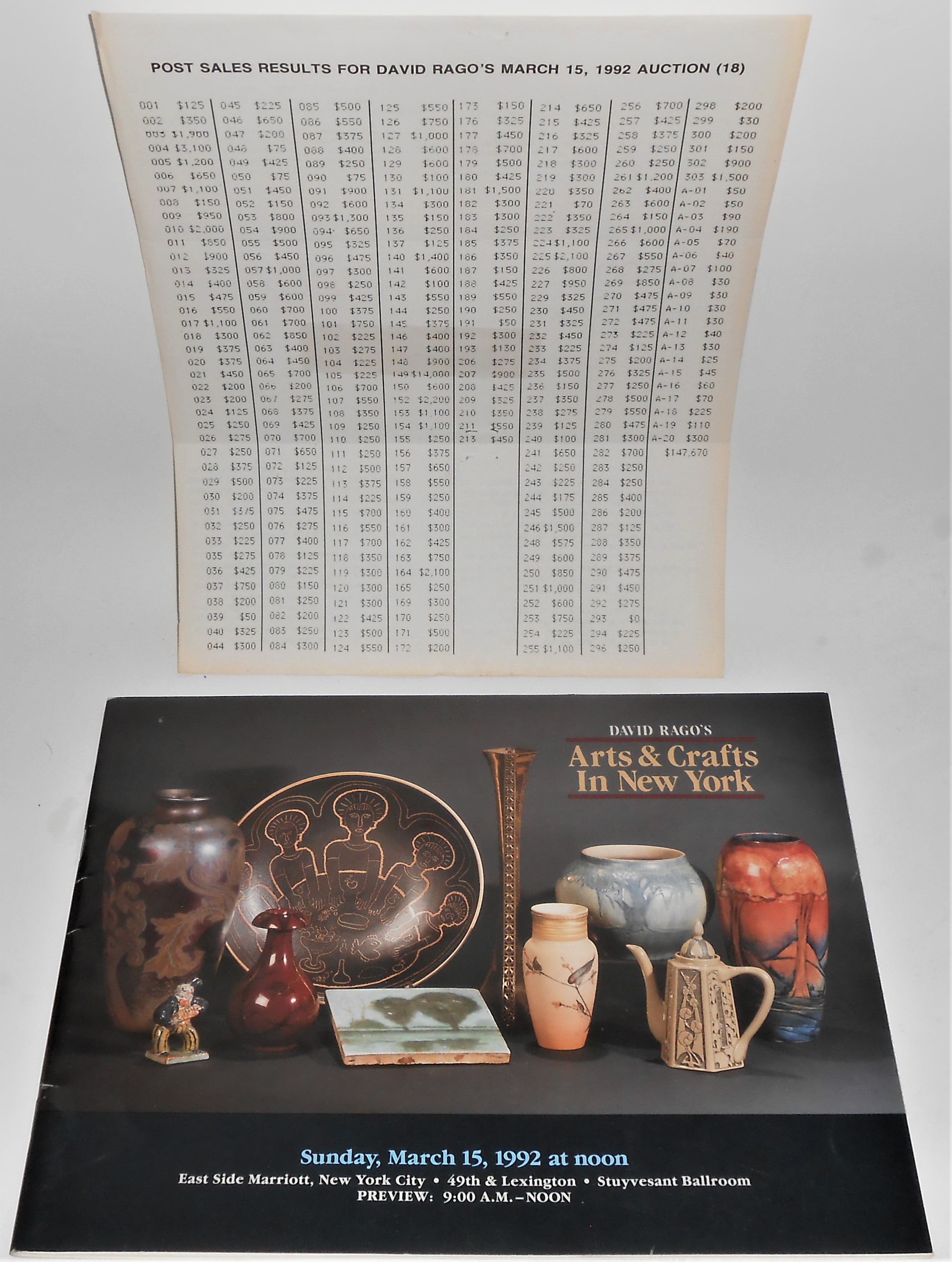 David Rago 3/15/1992 Arts & Crafts Auction New York Cat