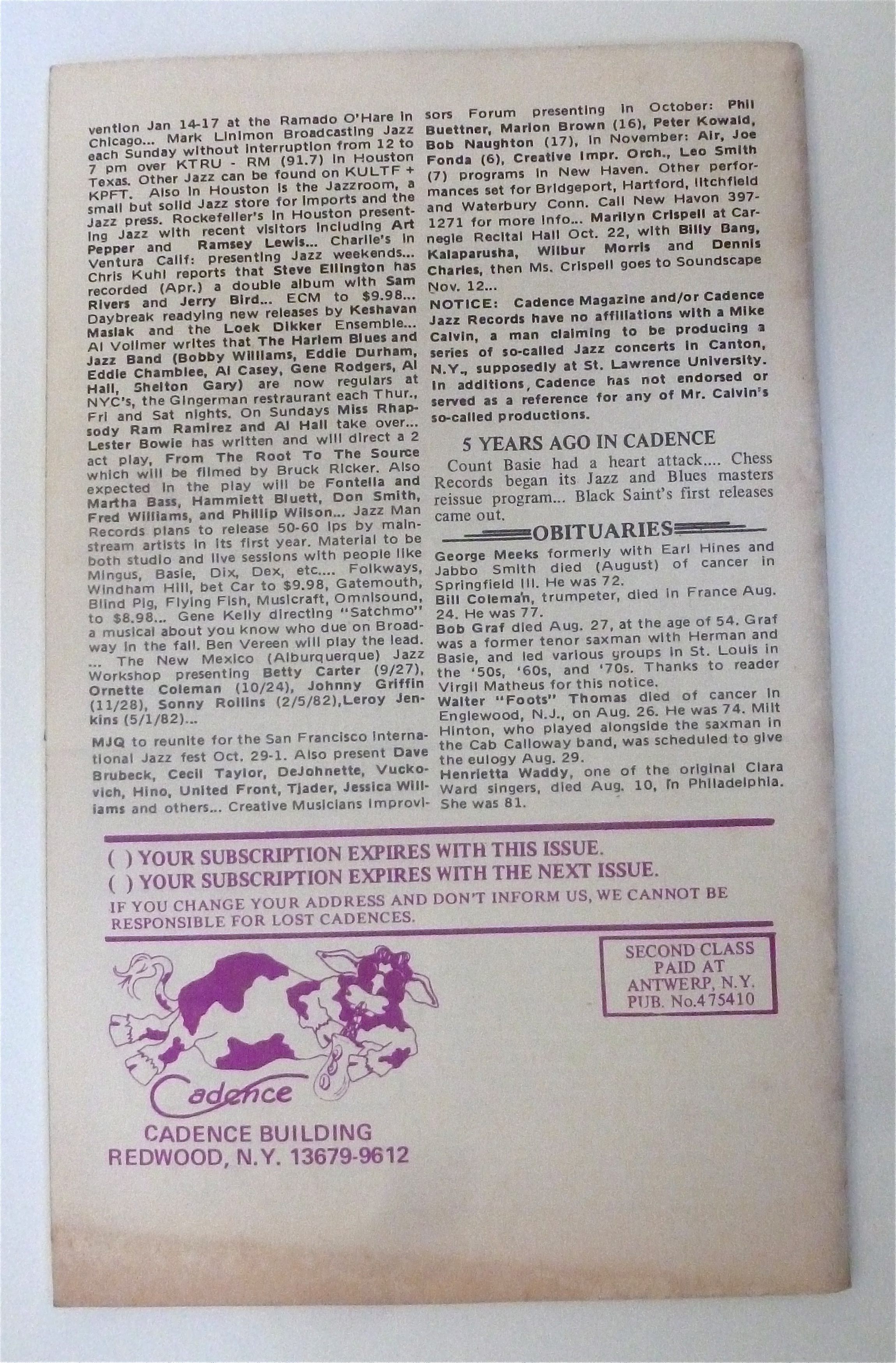 Cadence Magazine October 1981 James Williams