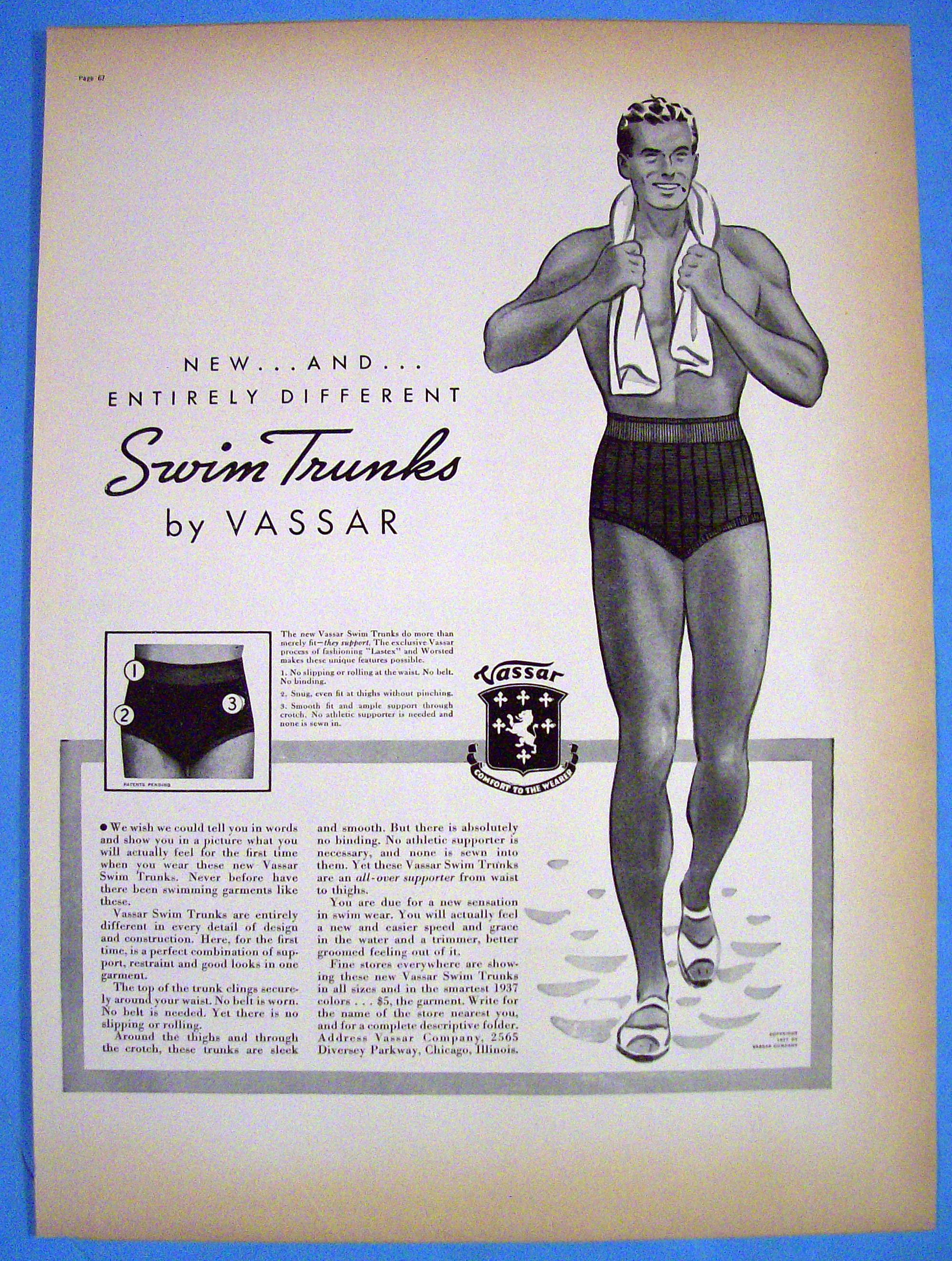 1937 Vassar Swim Trunks with Man Walking In Trunks