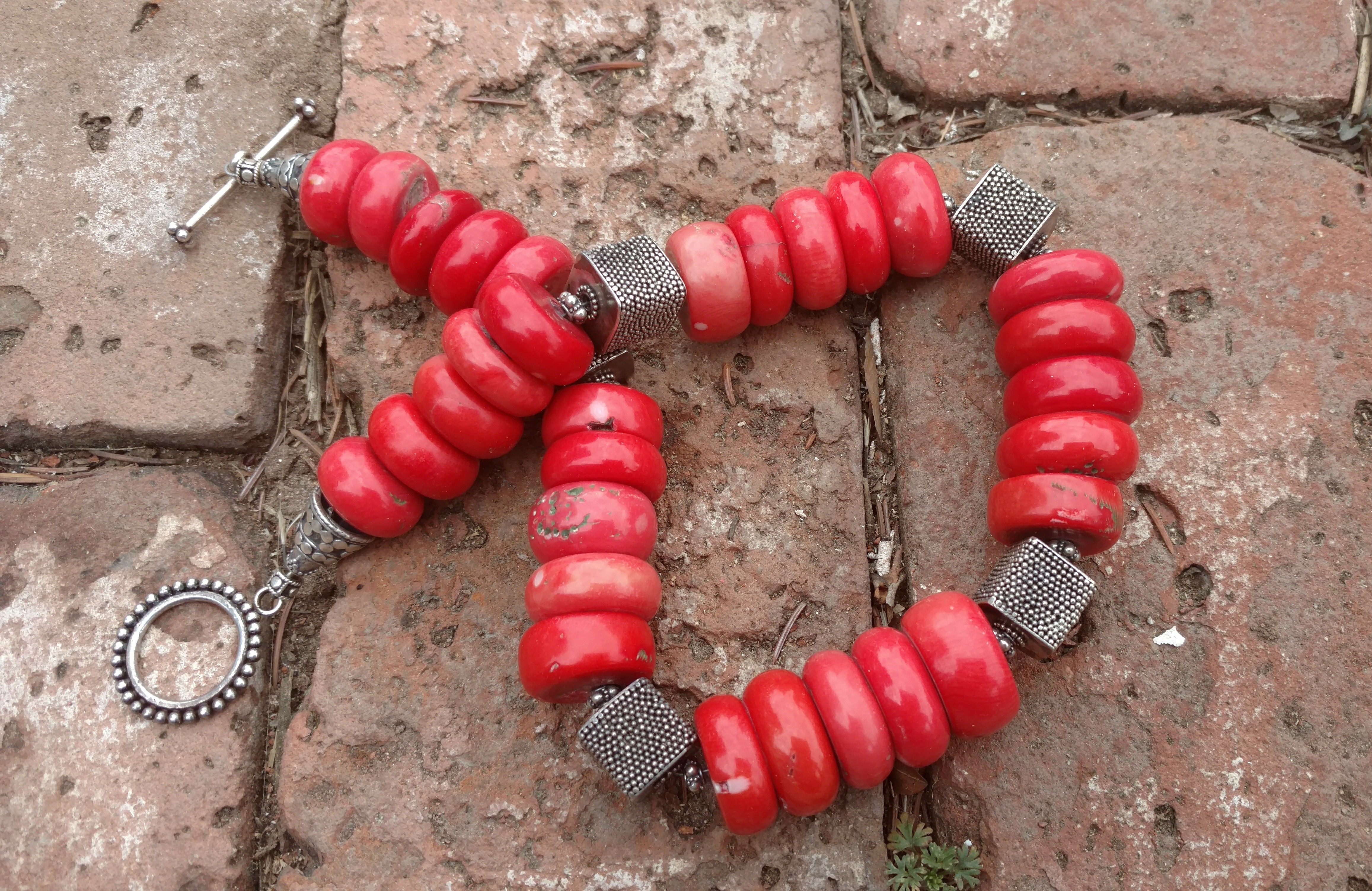 CORAL and  Sterling Silver Toggle Clasp  Necklace