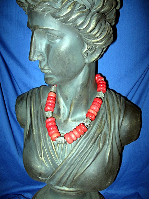 CORAL and  Sterling Silver Toggle Clasp  Necklace