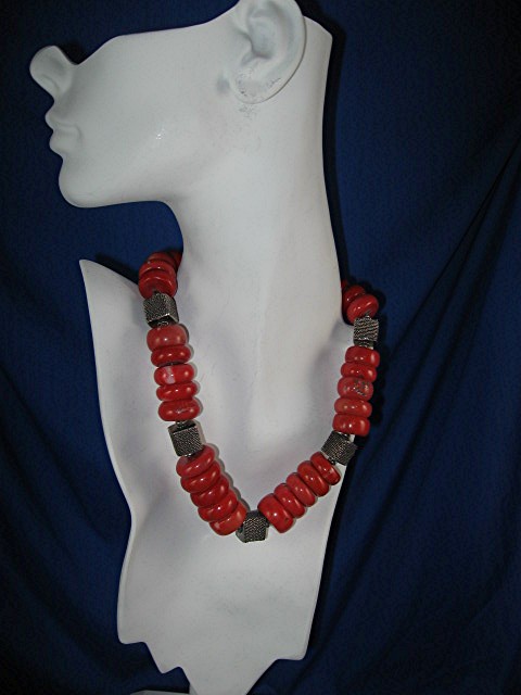CORAL and  Sterling Silver Toggle Clasp  Necklace