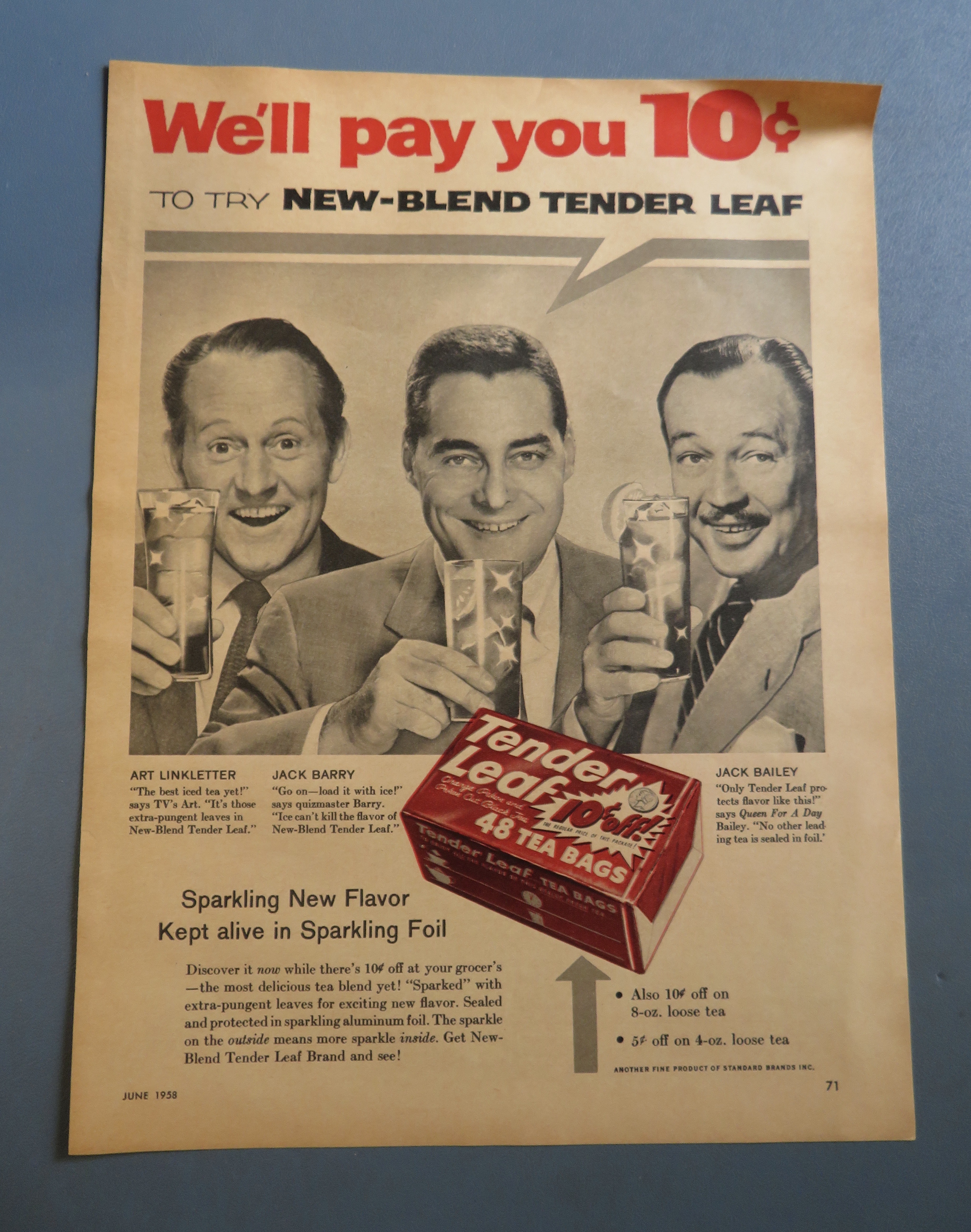 1958 Tender Leaf Tea Bags w/Linkletter, Barry & Bailey