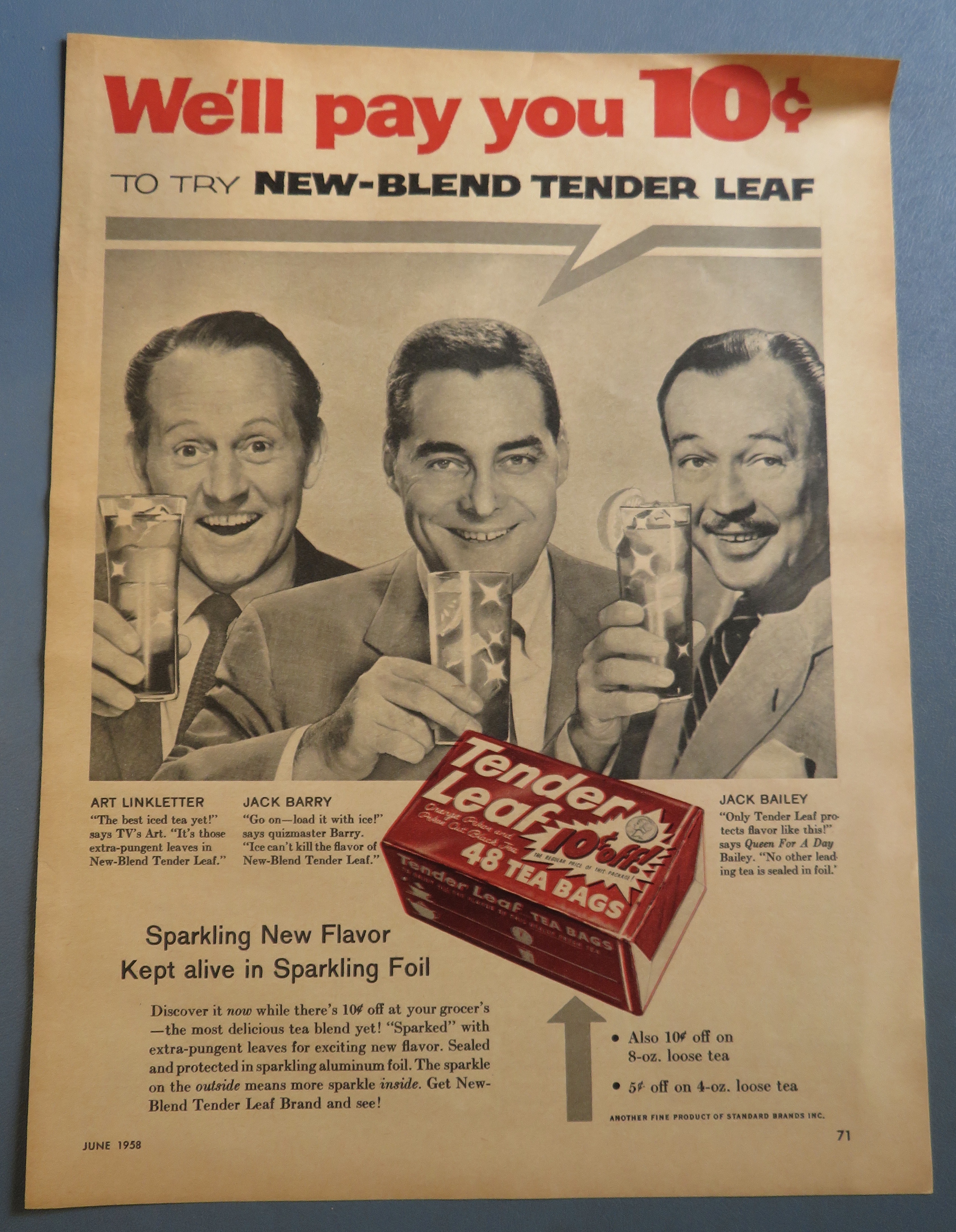 1958 Tender Leaf Tea Bags w/Linkletter, Barry & Bailey