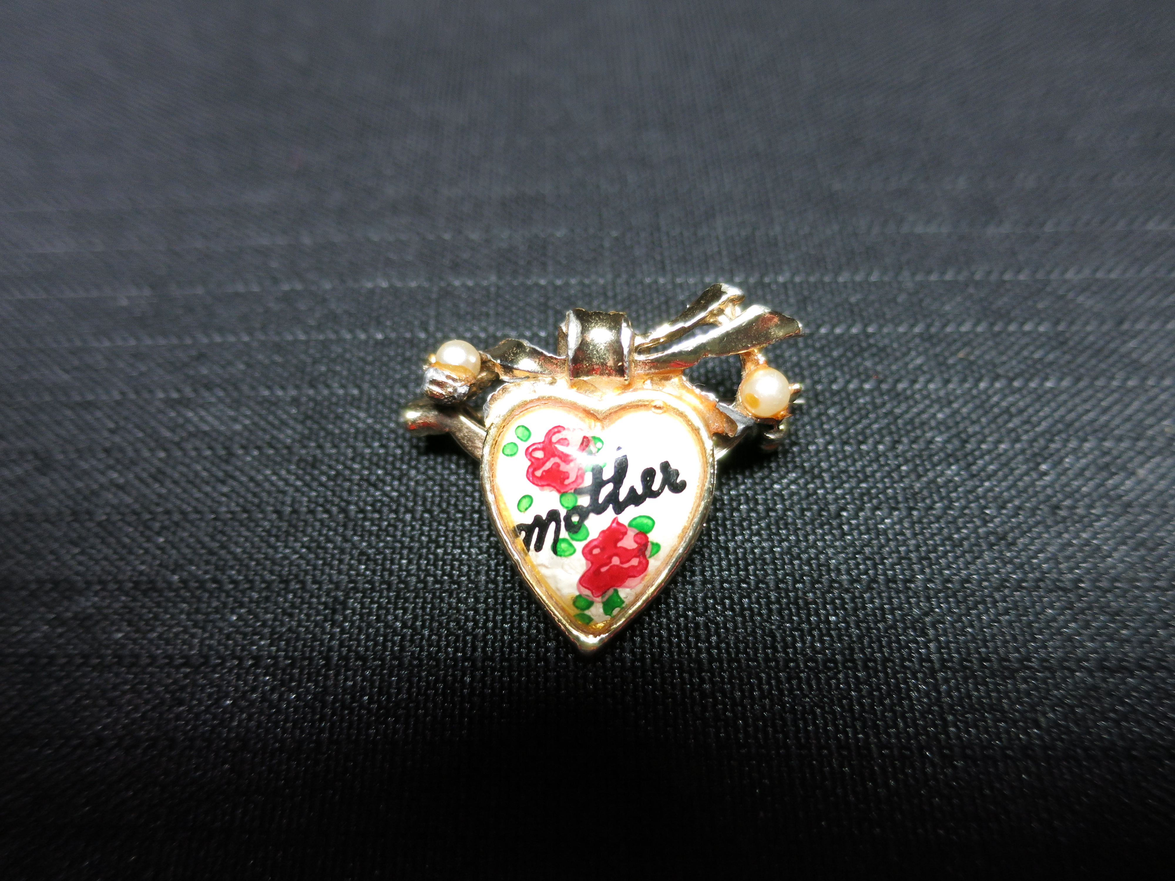 Mother Heart Floral Pin circa 1960s to 1970s Gold Tone