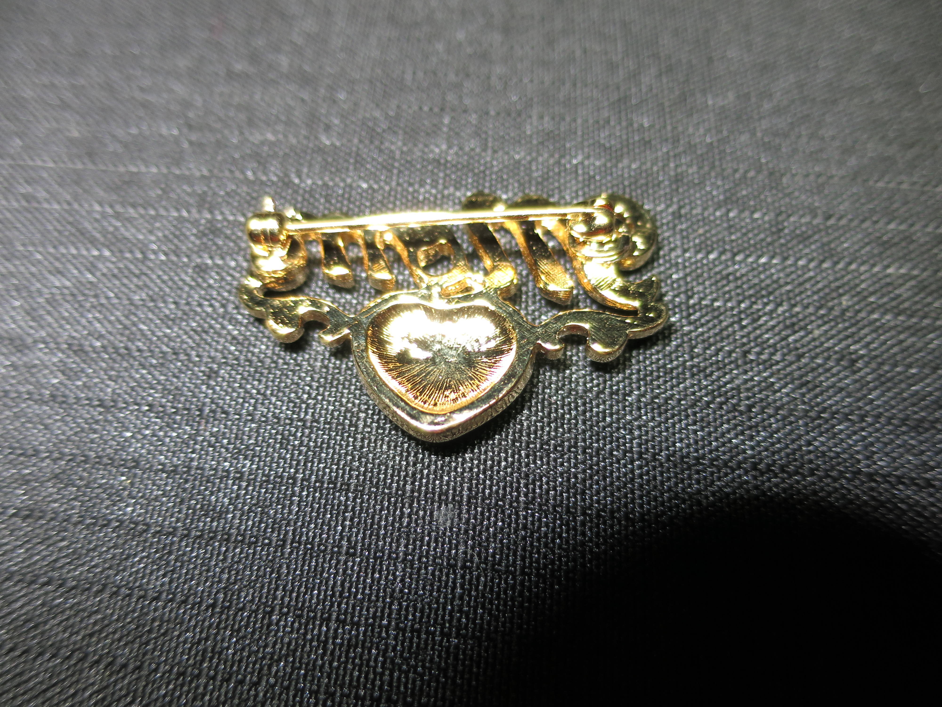 Mom Pin Brooch Heart with Rhinestones Gold Tone