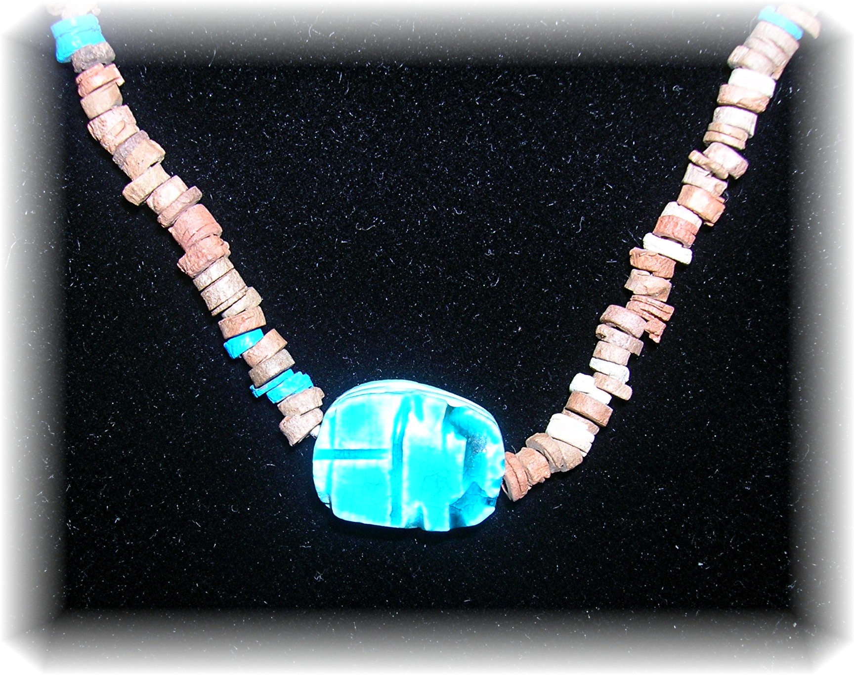 Blue Glazed Ceramic and Clay Scarob Necklace