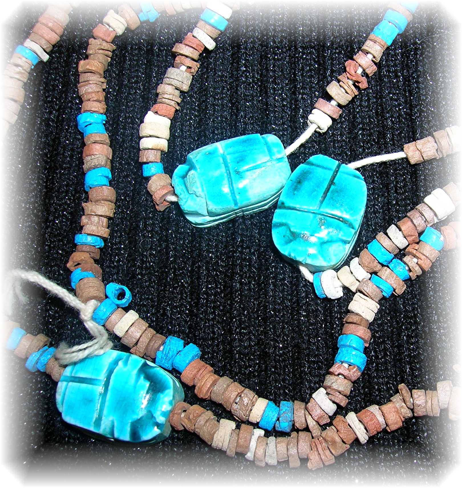 Blue Glazed Ceramic and Clay Scarob Necklace