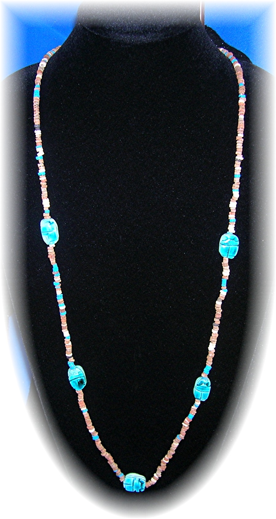 Blue Glazed Ceramic and Clay Scarob Necklace