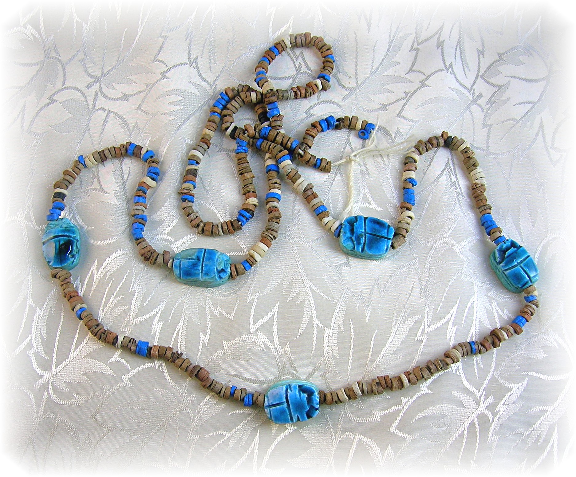 Blue Glazed Ceramic and Clay Scarob Necklace