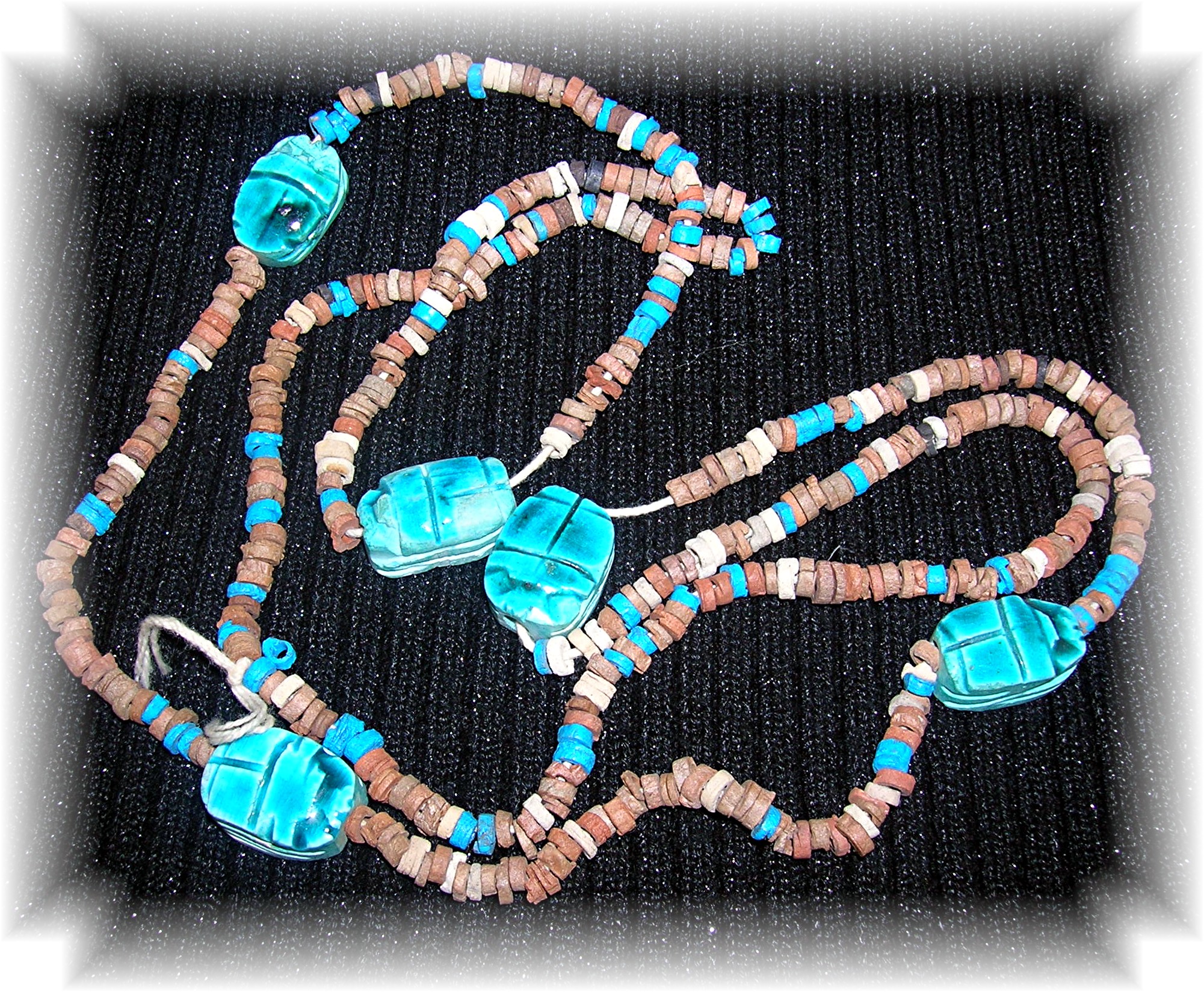 Blue Glazed Ceramic and Clay Scarob Necklace