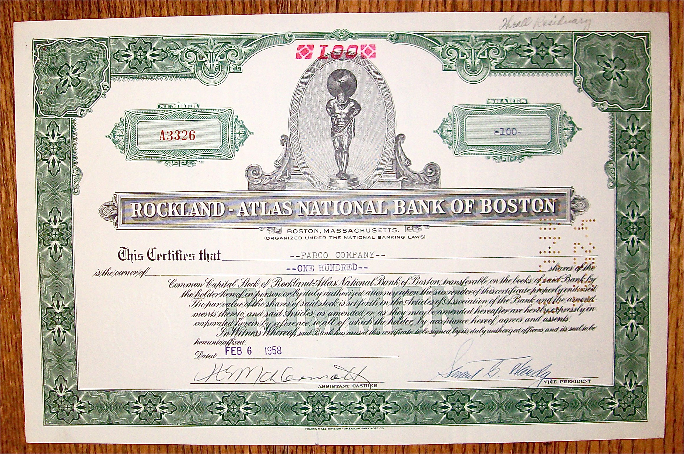 1958 Rockland Atlas National Bank Of Boston Stock