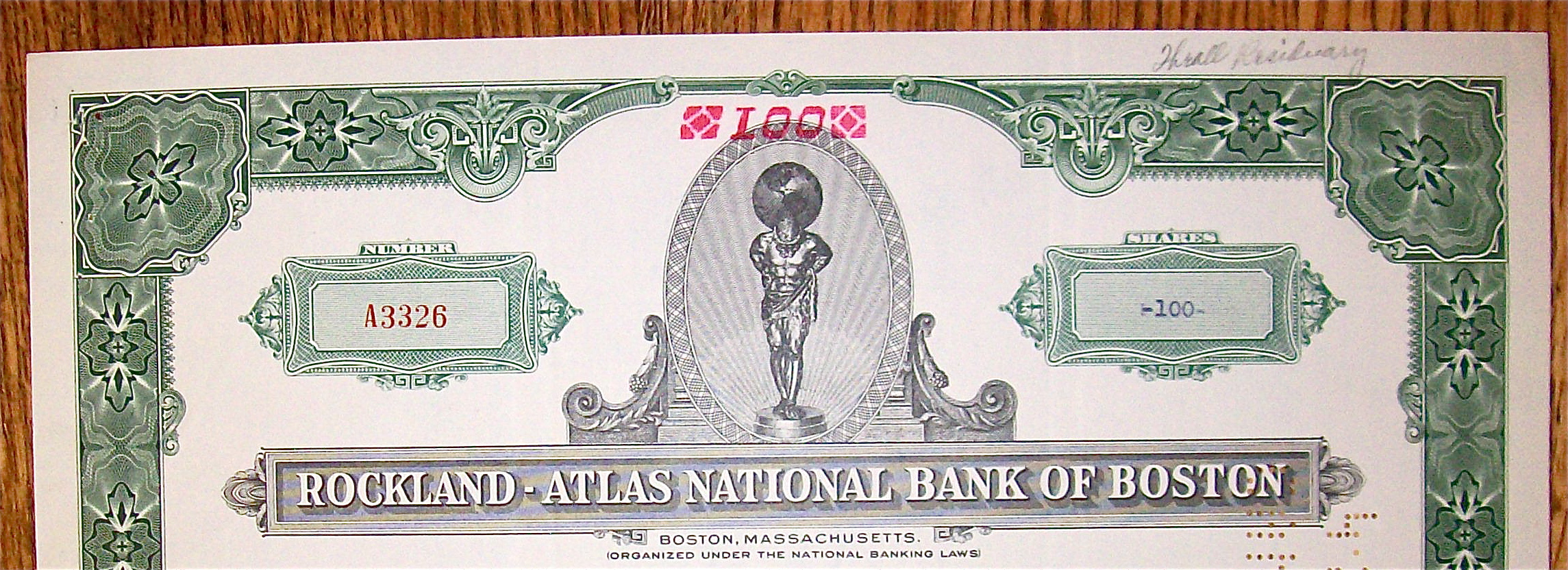 1958 Rockland Atlas National Bank Of Boston Stock