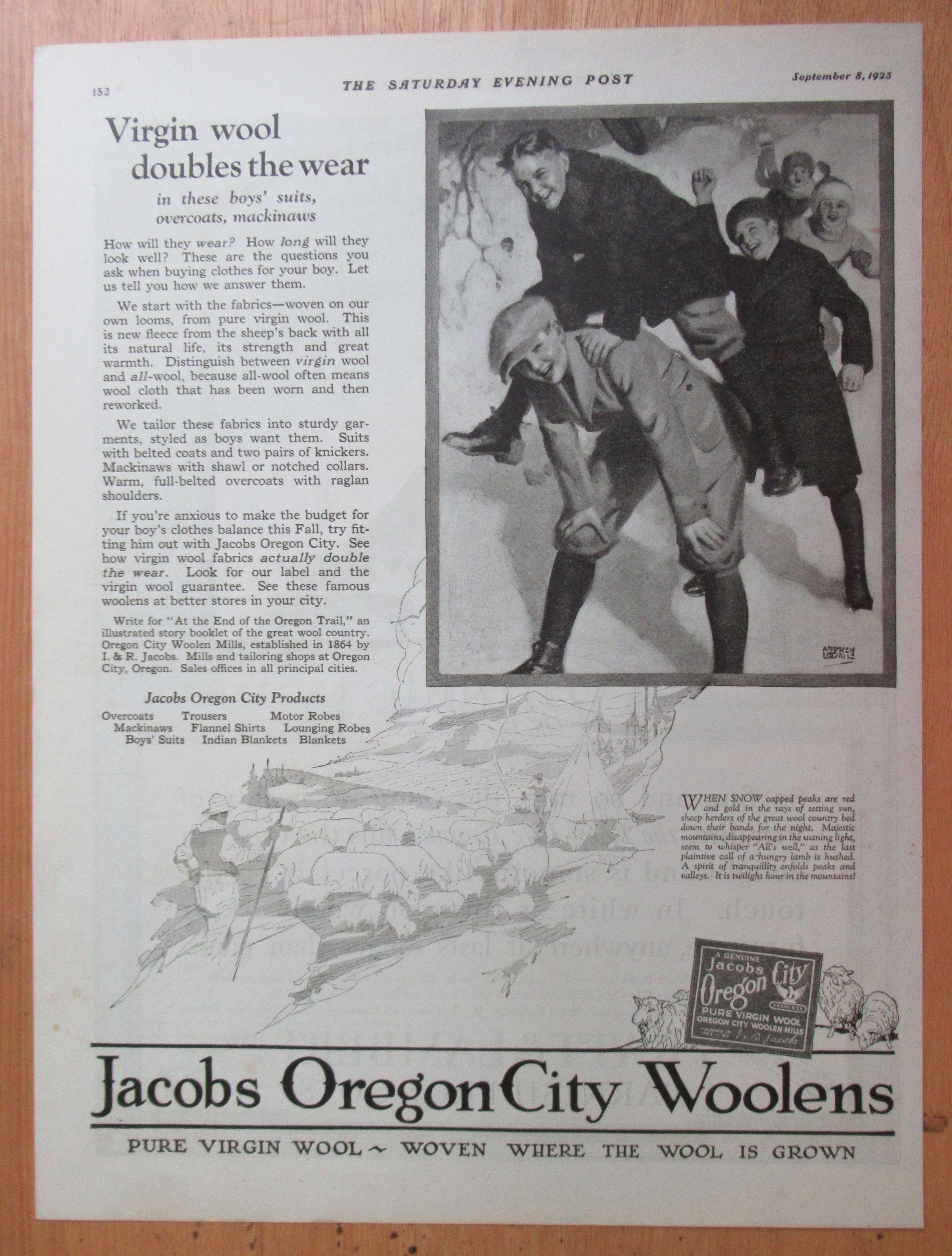 1923 Jacobs Oregon City Woolens with Boys in the Snow