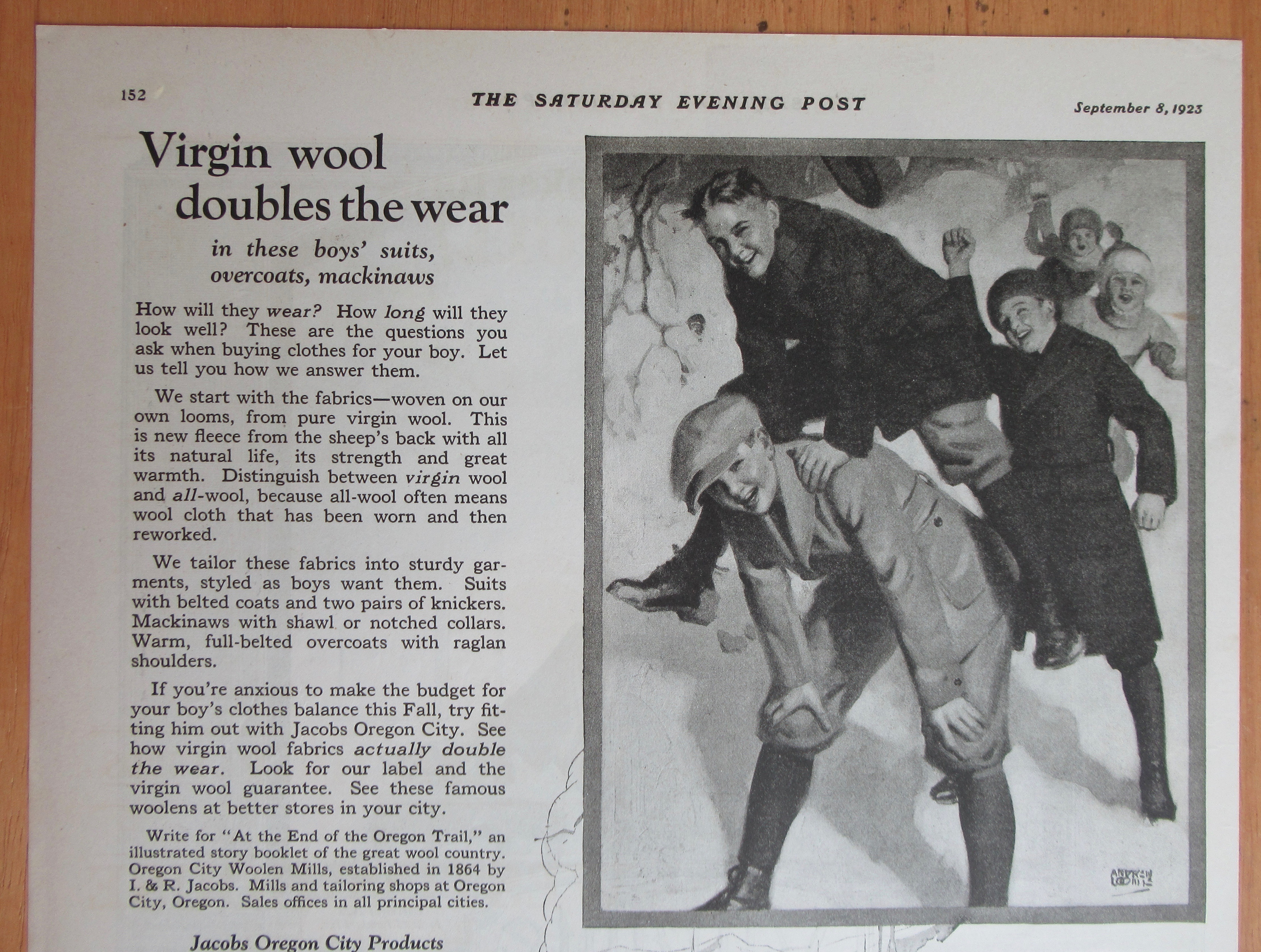1923 Jacobs Oregon City Woolens with Boys in the Snow