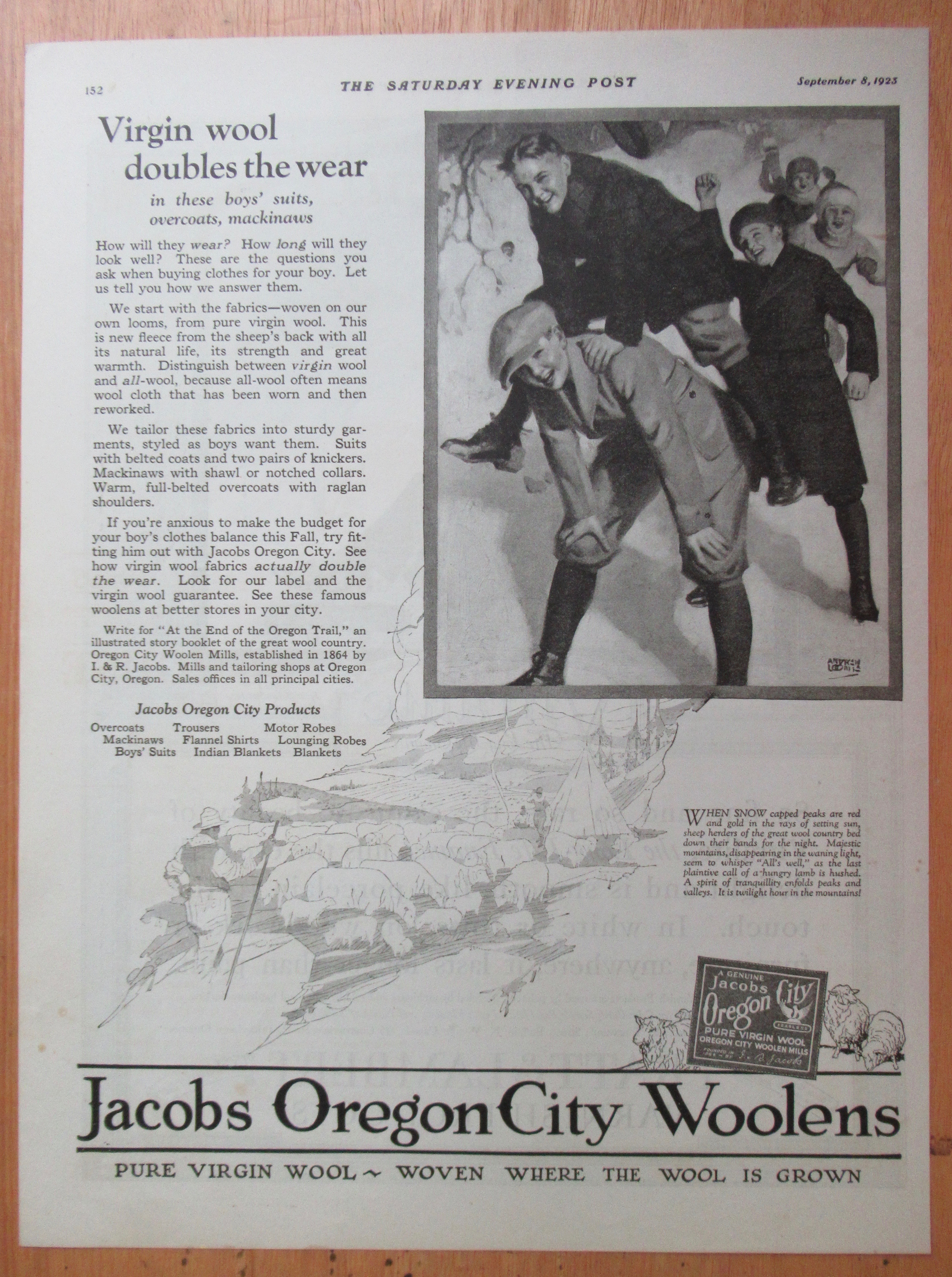 1923 Jacobs Oregon City Woolens with Boys in the Snow