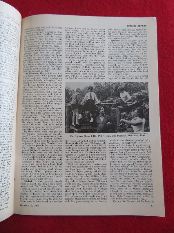 Newsweek Magazine October 16, 1967 Novelist William Styron