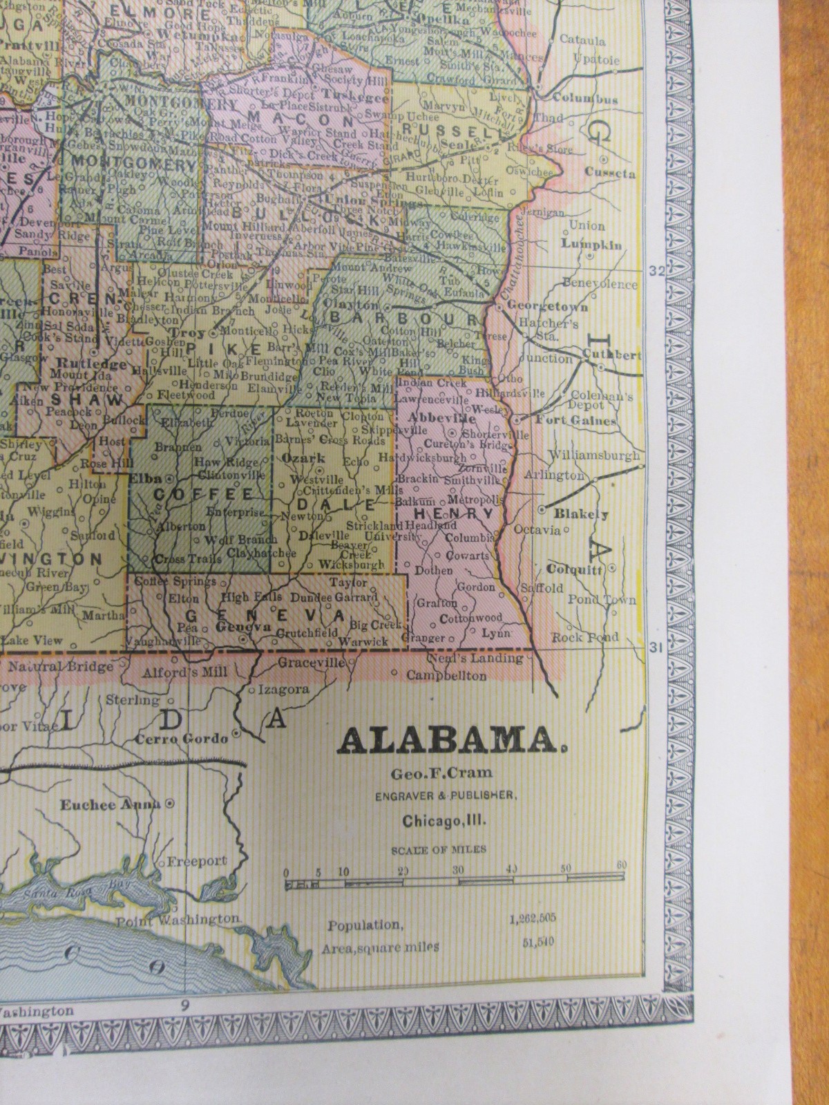 Antique Map Alabama Florida Crams 1883