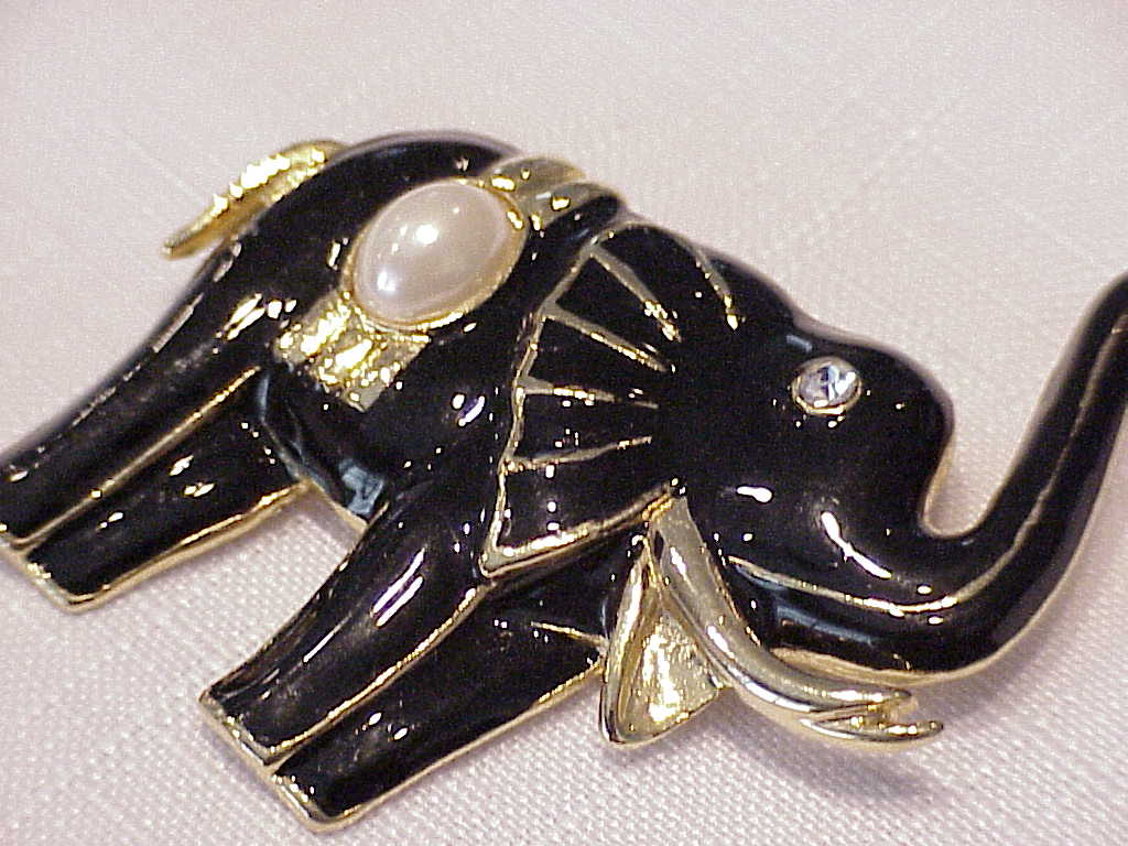 Black Enamel, Pearl And Rhinestone Elephant Brooch
