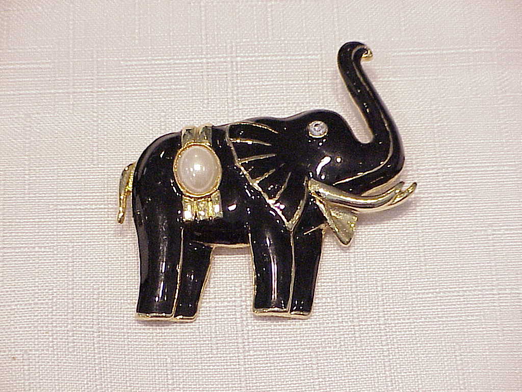 Black Enamel, Pearl And Rhinestone Elephant Brooch