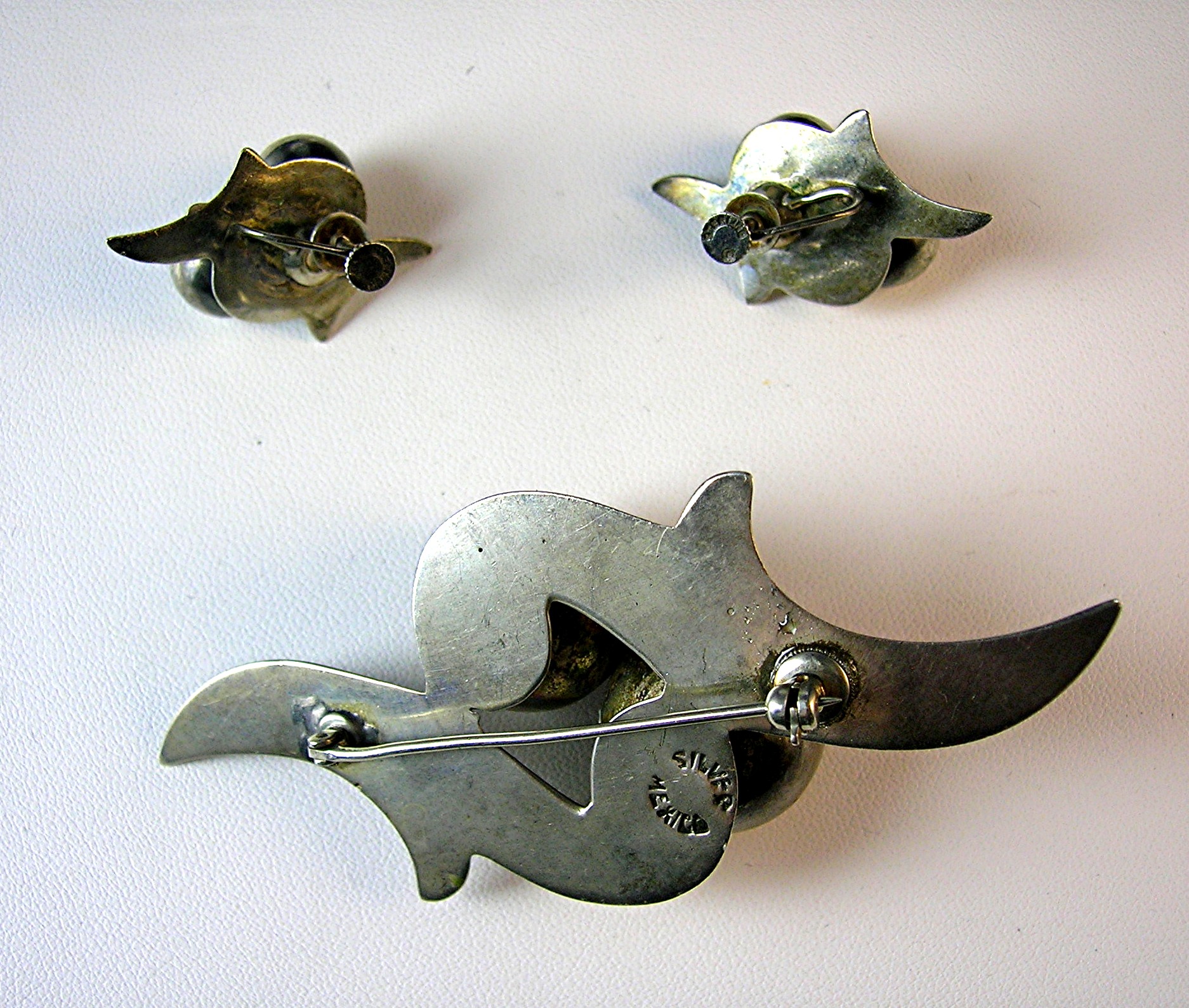Taxco  Mexico Silver Brooch and Earrings 40s - 50