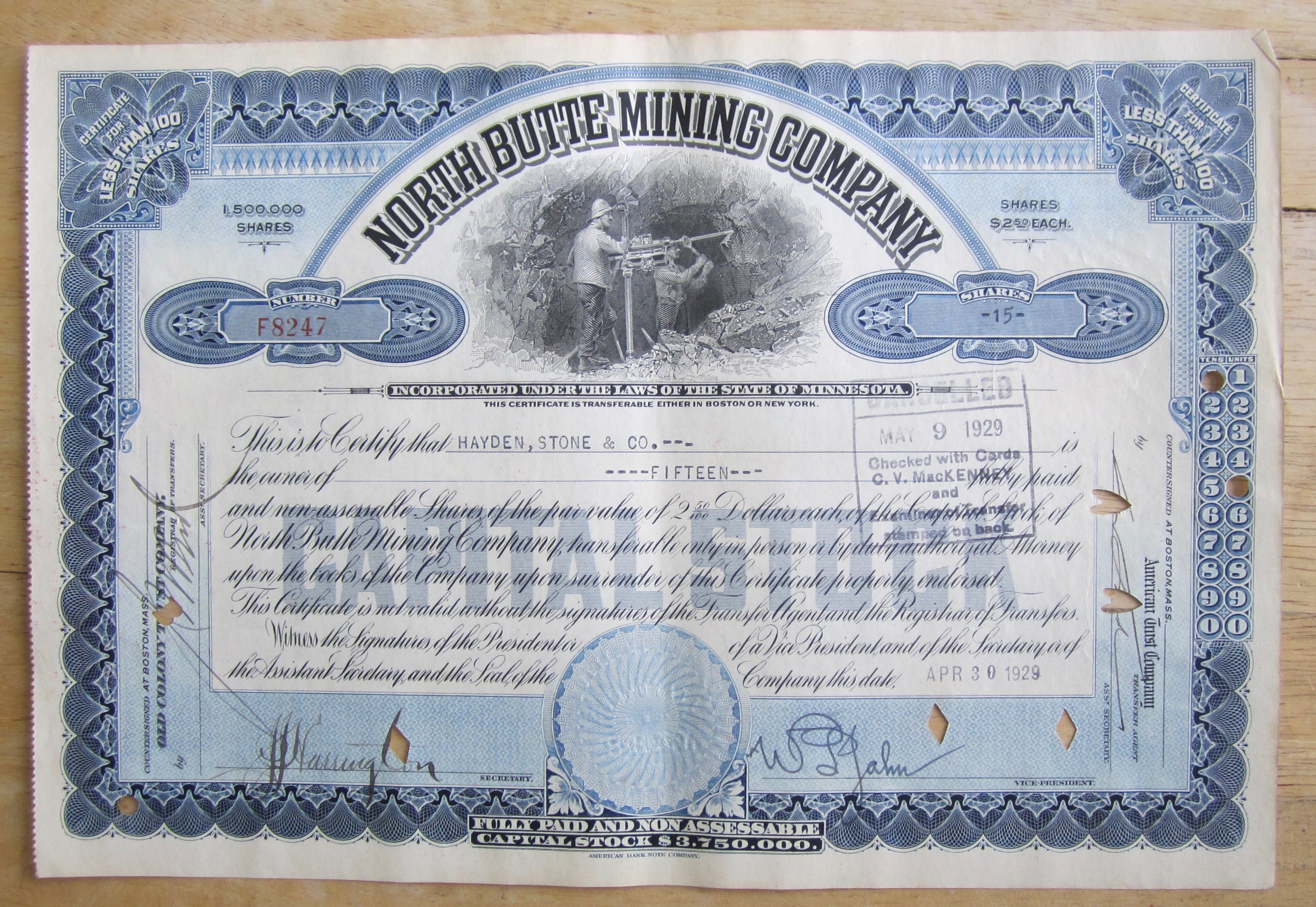 1929 North Butte Mining Company Stock Certificate