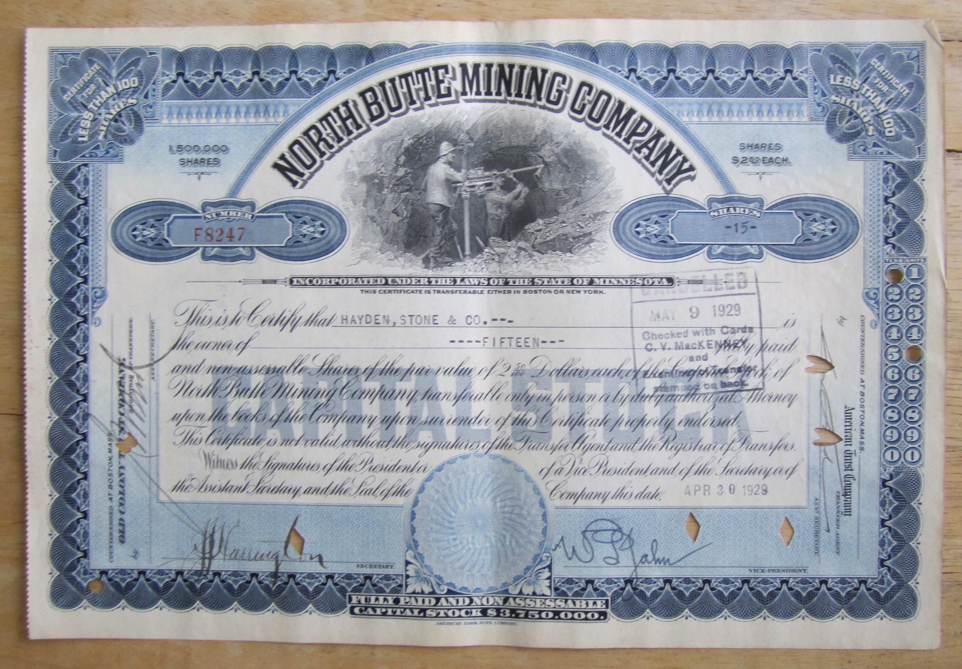 1929 North Butte Mining Company Stock Certificate