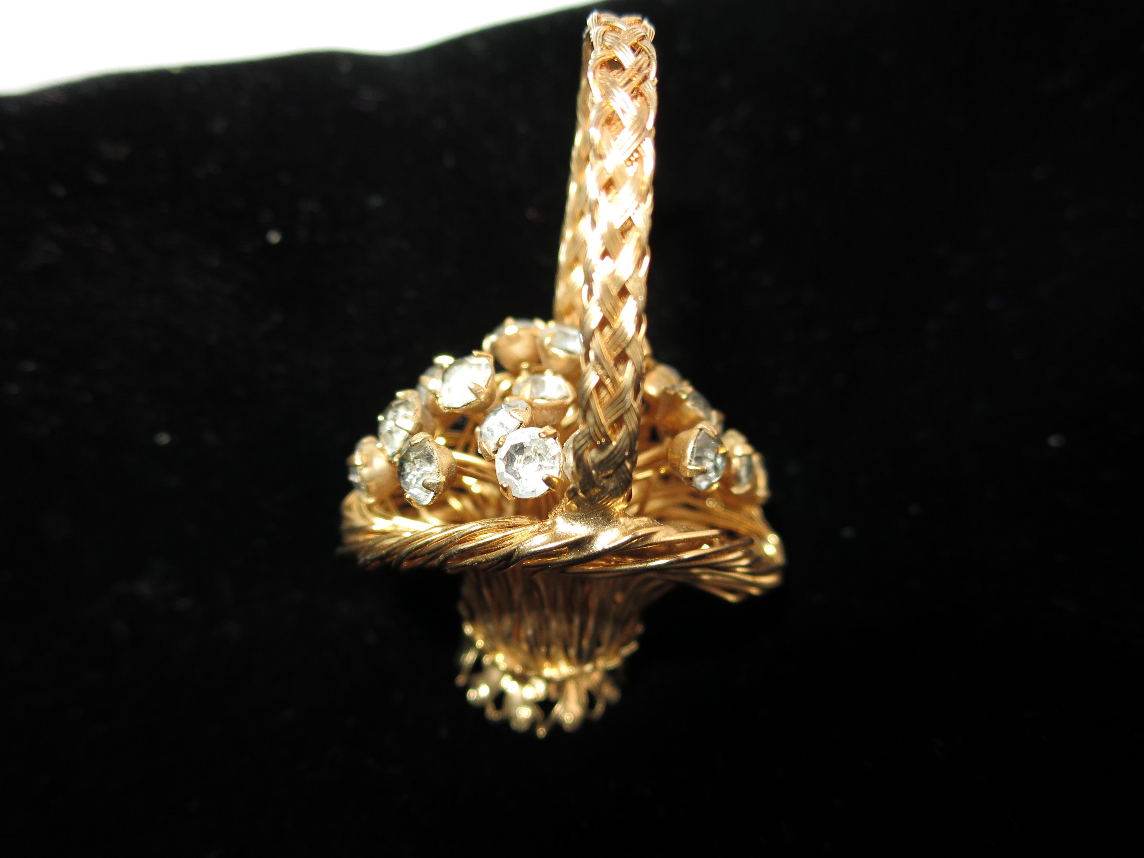 Vintage Wire Wrap Basket Pin Brooch Crystal Rhinestones