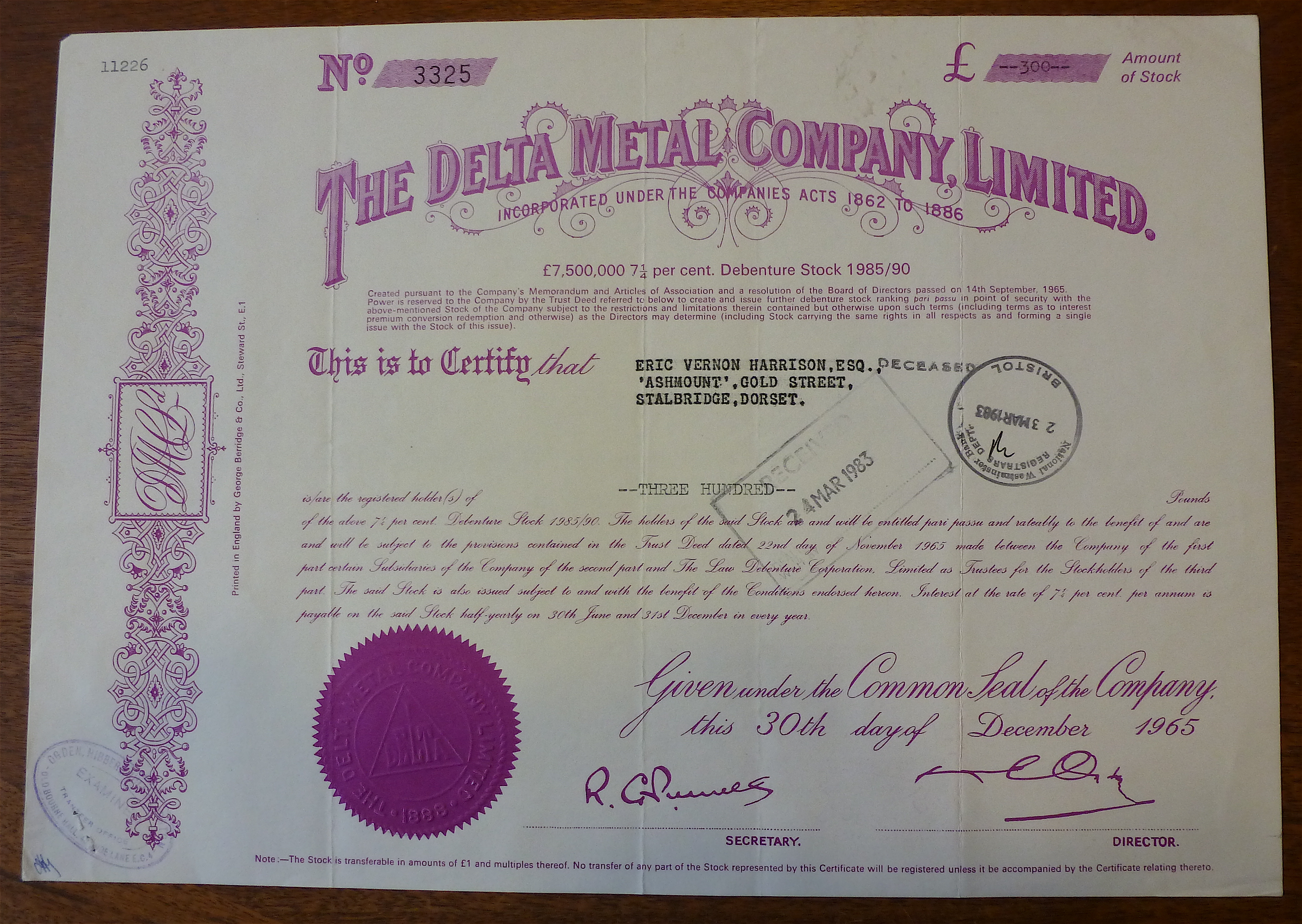 1965 Delta Metal Company LTD. Stock Certificate