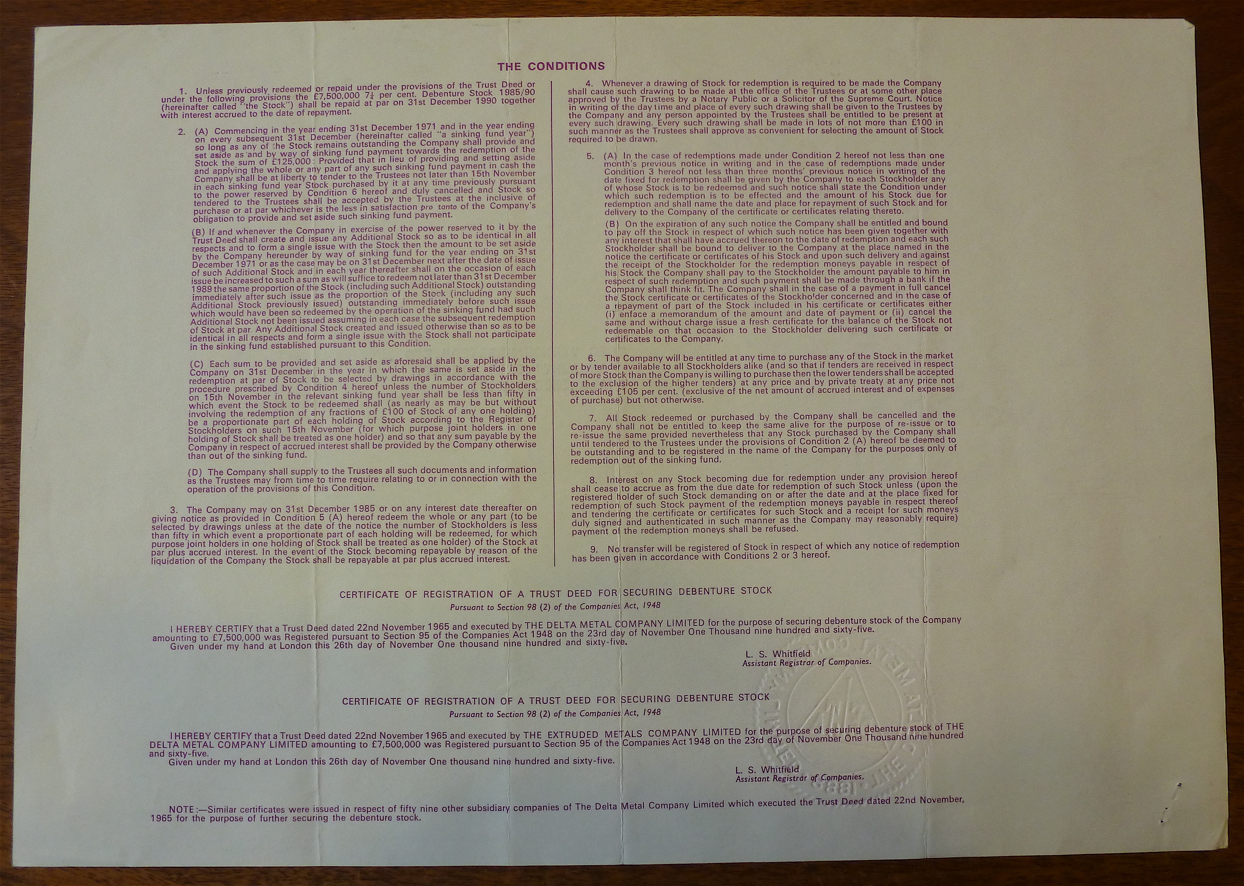 1965 Delta Metal Company LTD. Stock Certificate