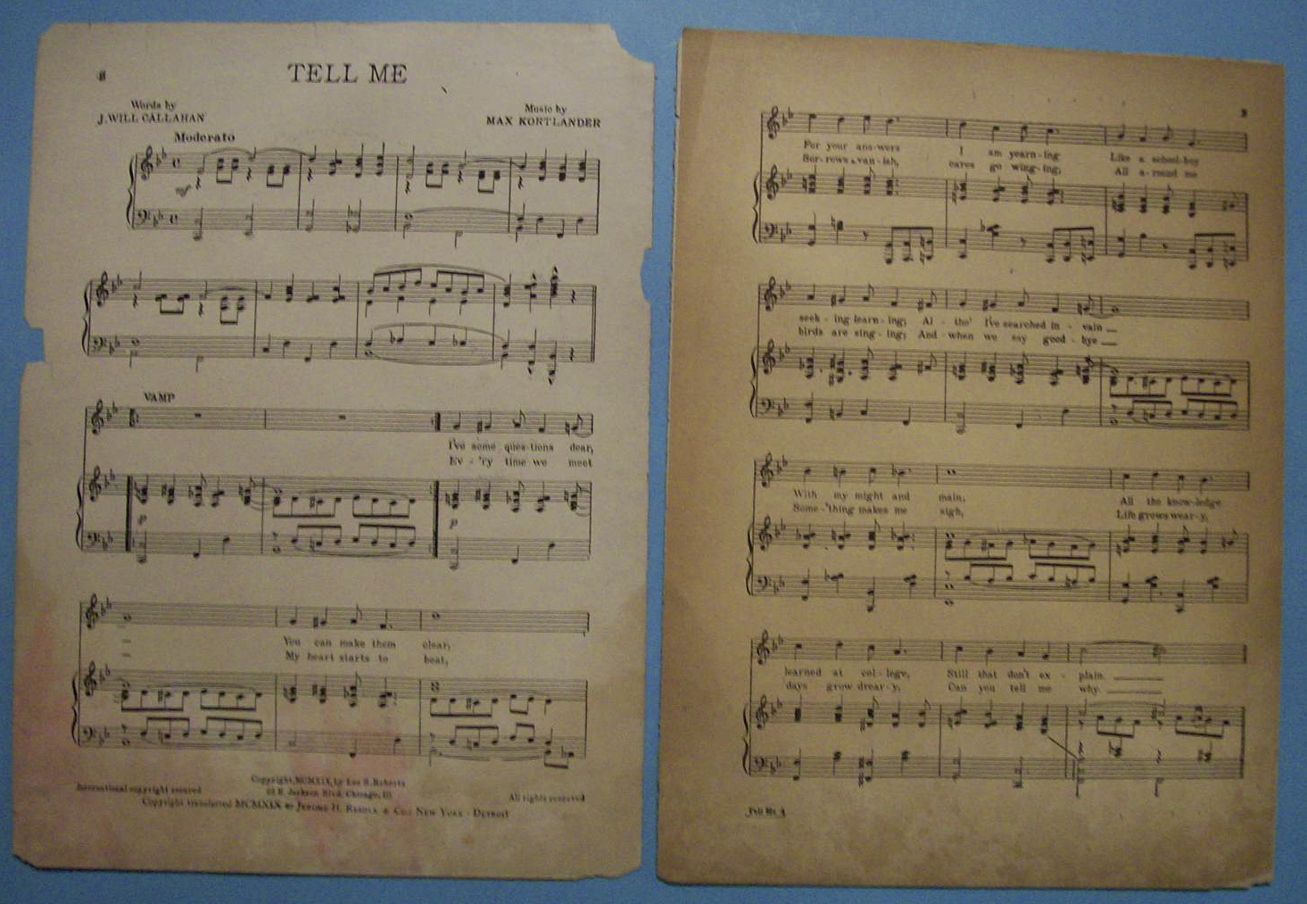 Sheet Music For 1919 Tell Me Song