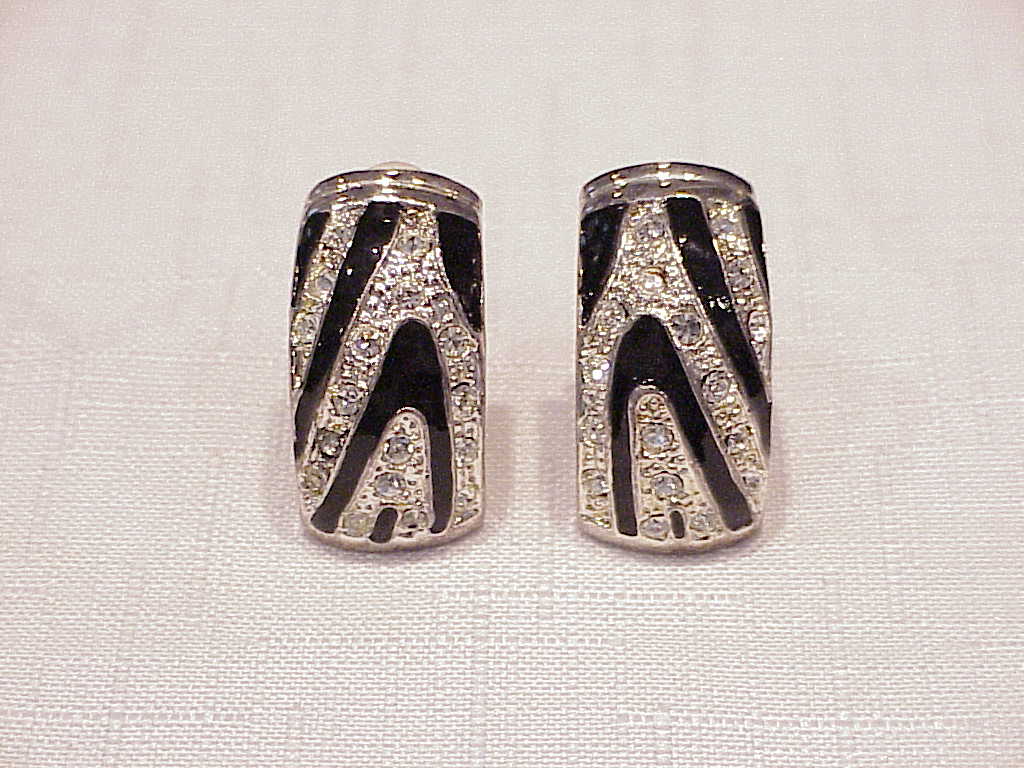 Black Enamel And Pave' Rhinestone Clip Earrings