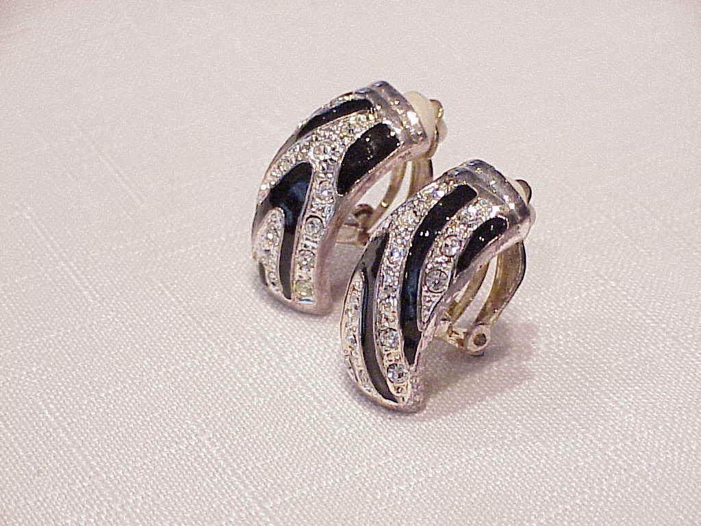 Black Enamel And Pave' Rhinestone Clip Earrings