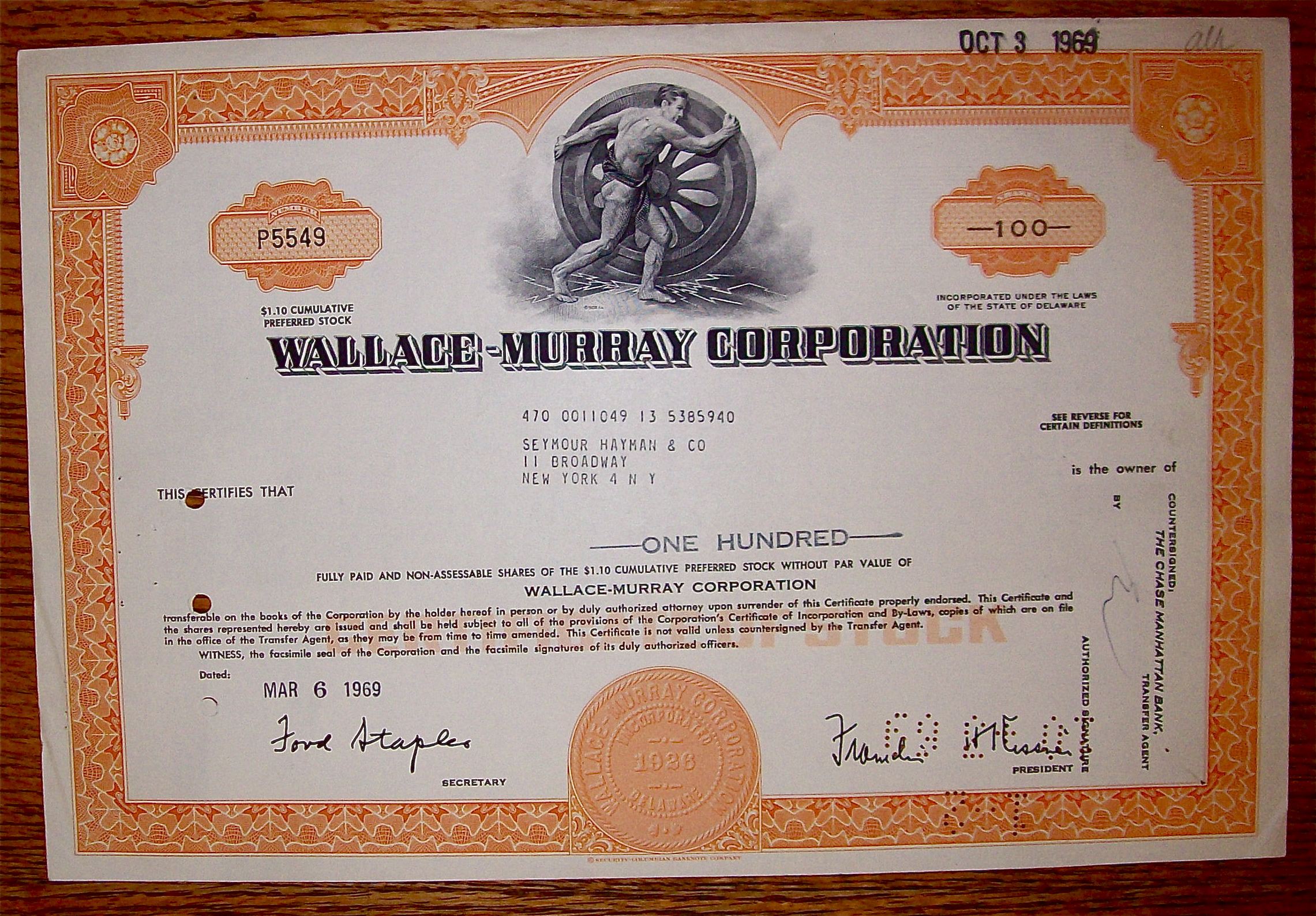 1969 Wallace Murray Corporation Stock Certificate