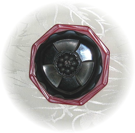 Carved Red Black  Flower  Bakelite Button Pin