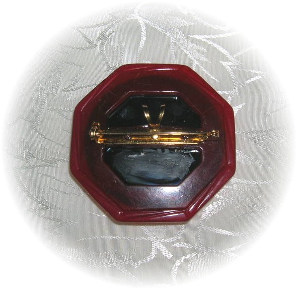 Carved Red Black  Flower  Bakelite Button Pin