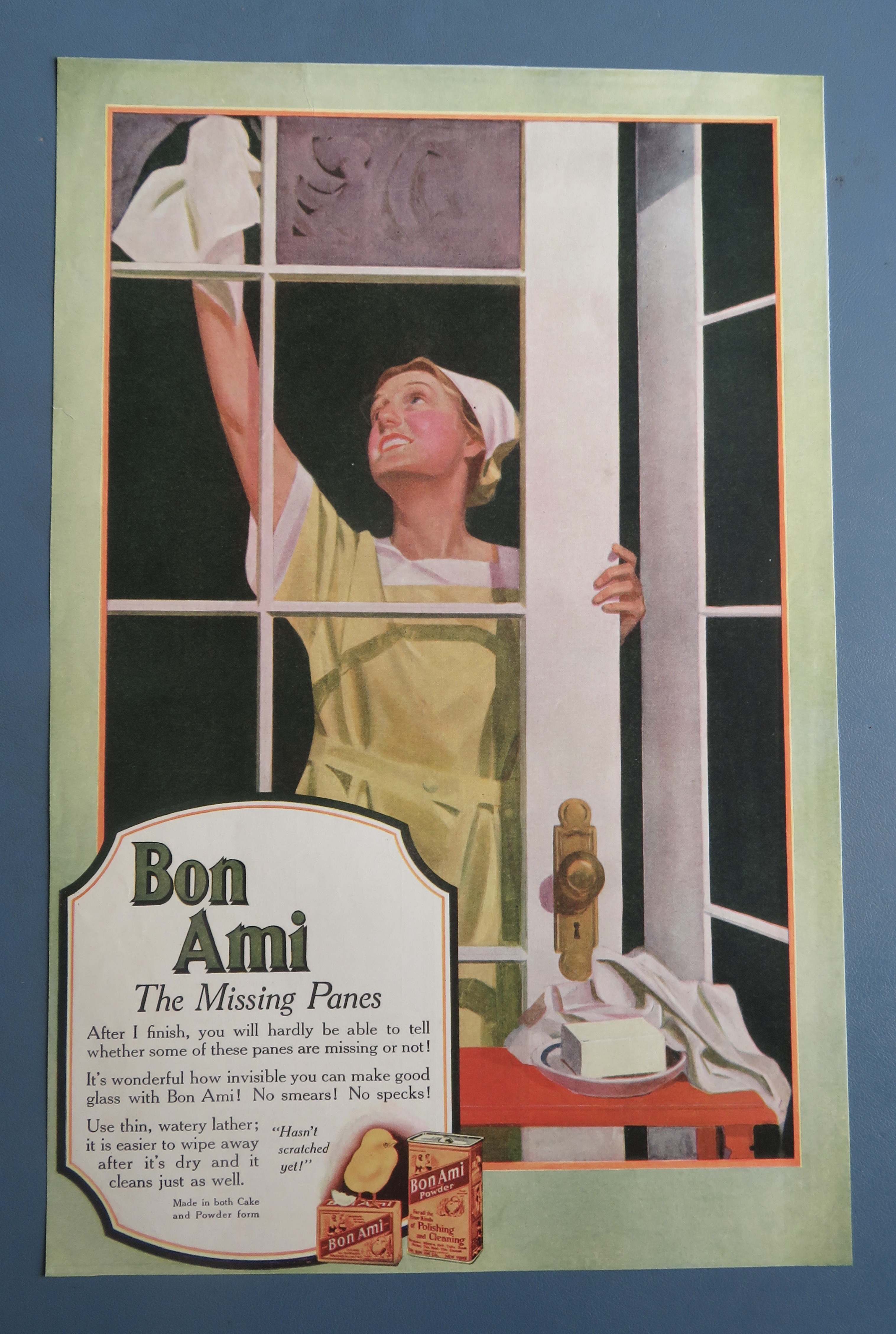 1918 Bon Ami Cleaner with Woman Wiping A Window Door