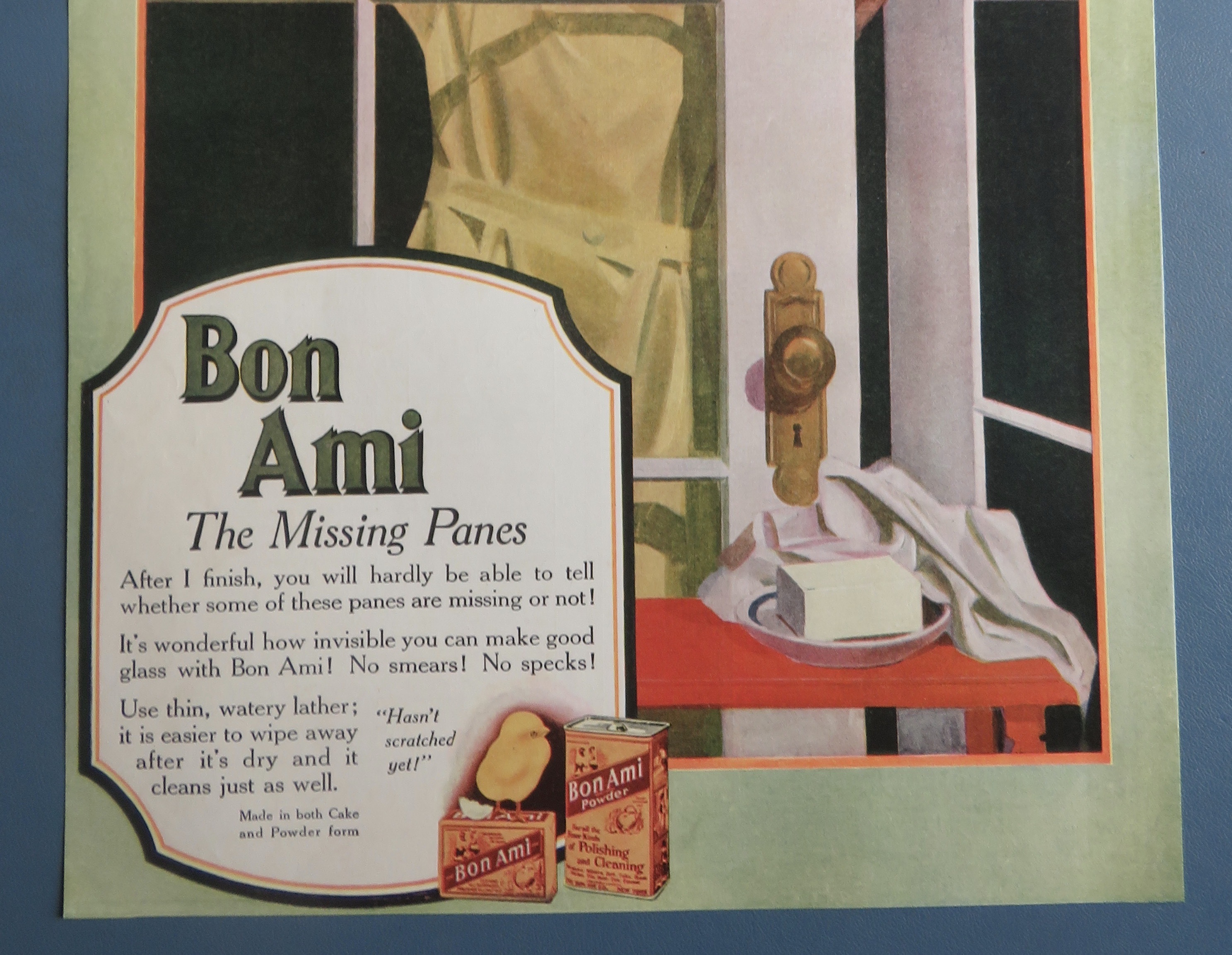 1918 Bon Ami Cleaner with Woman Wiping A Window Door