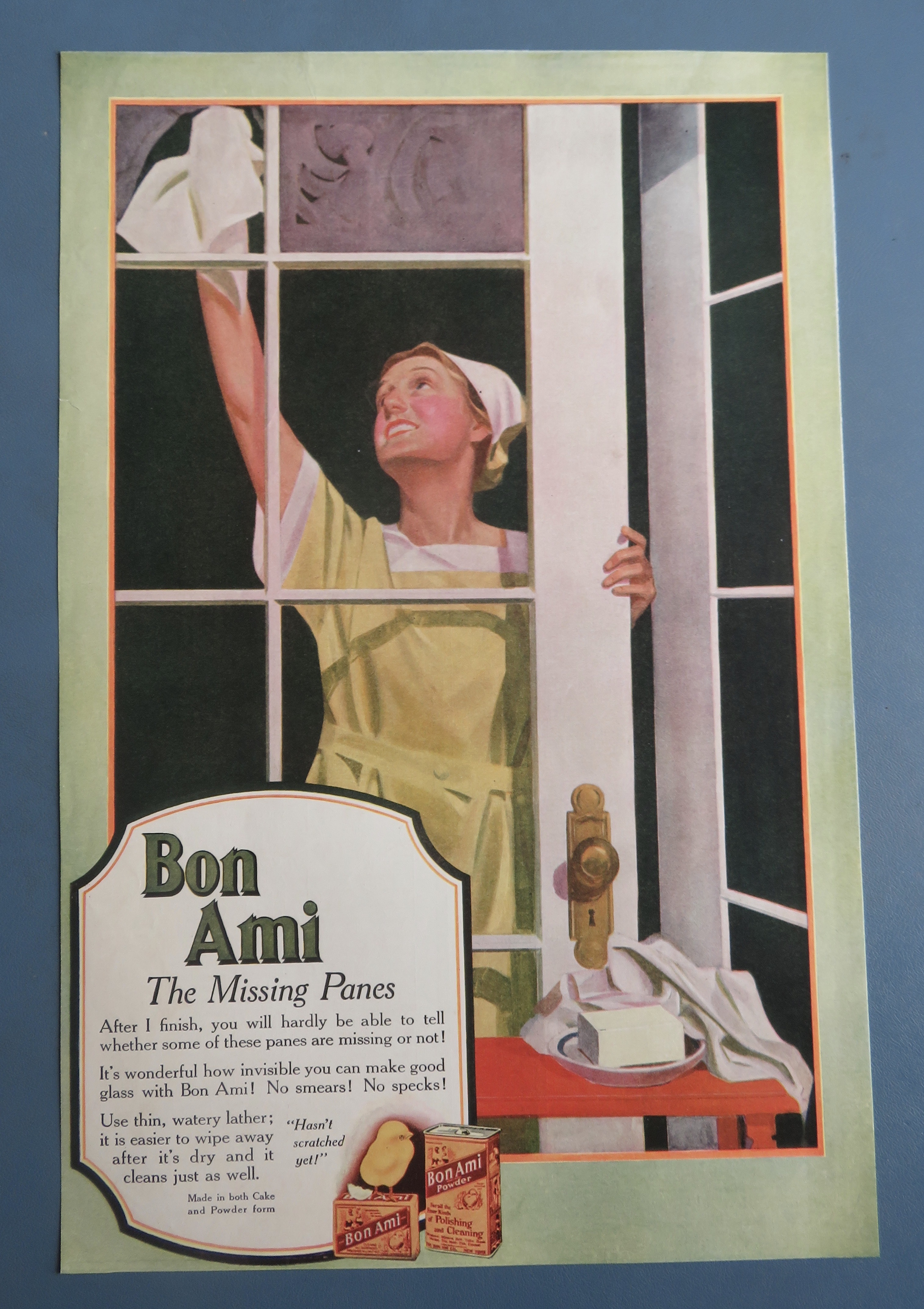 1918 Bon Ami Cleaner with Woman Wiping A Window Door