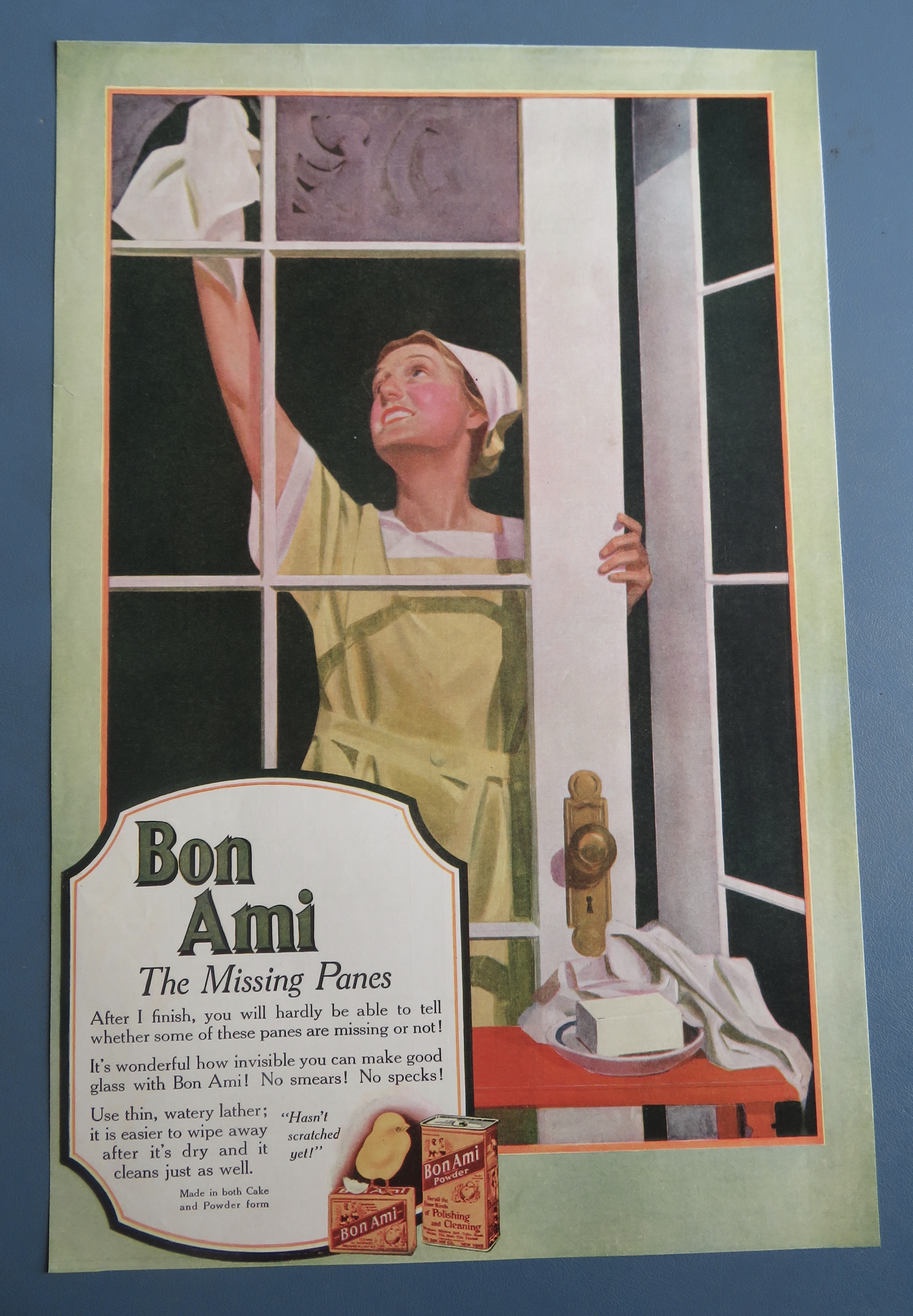 1918 Bon Ami Cleaner with Woman Wiping A Window Door