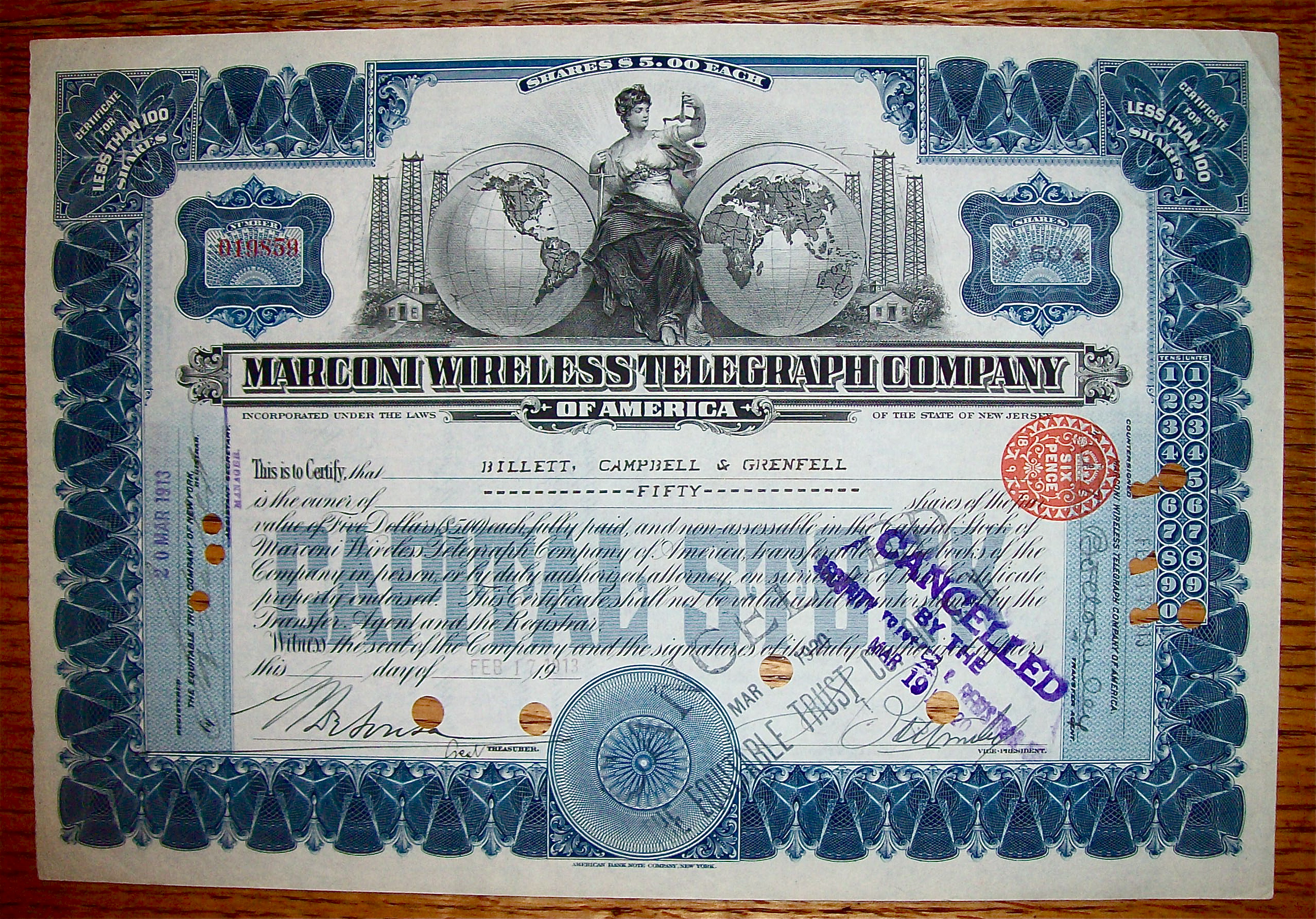 1913 Marconi Wireless Telegraph Co Stock Certificate