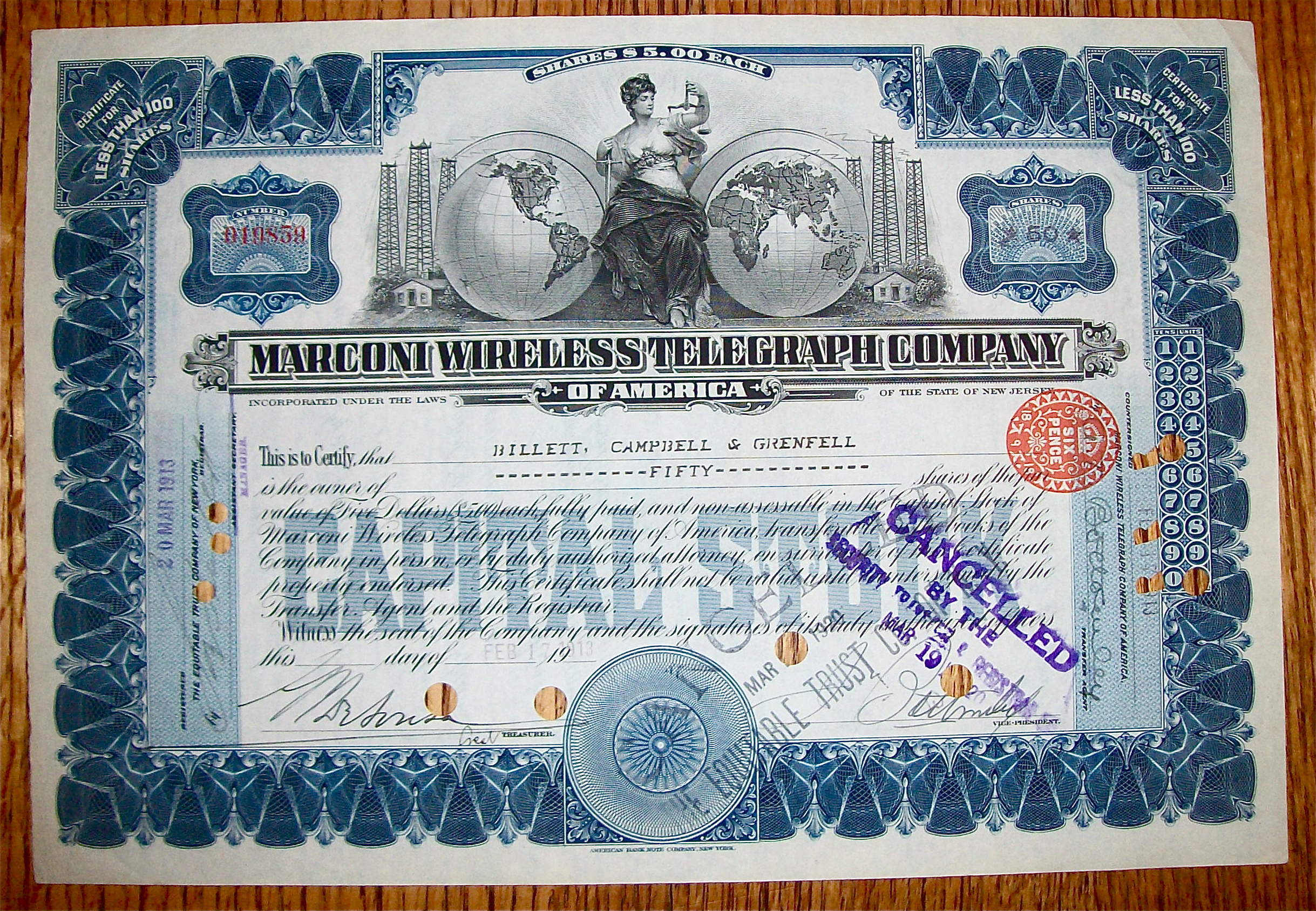 1913 Marconi Wireless Telegraph Co Stock Certificate