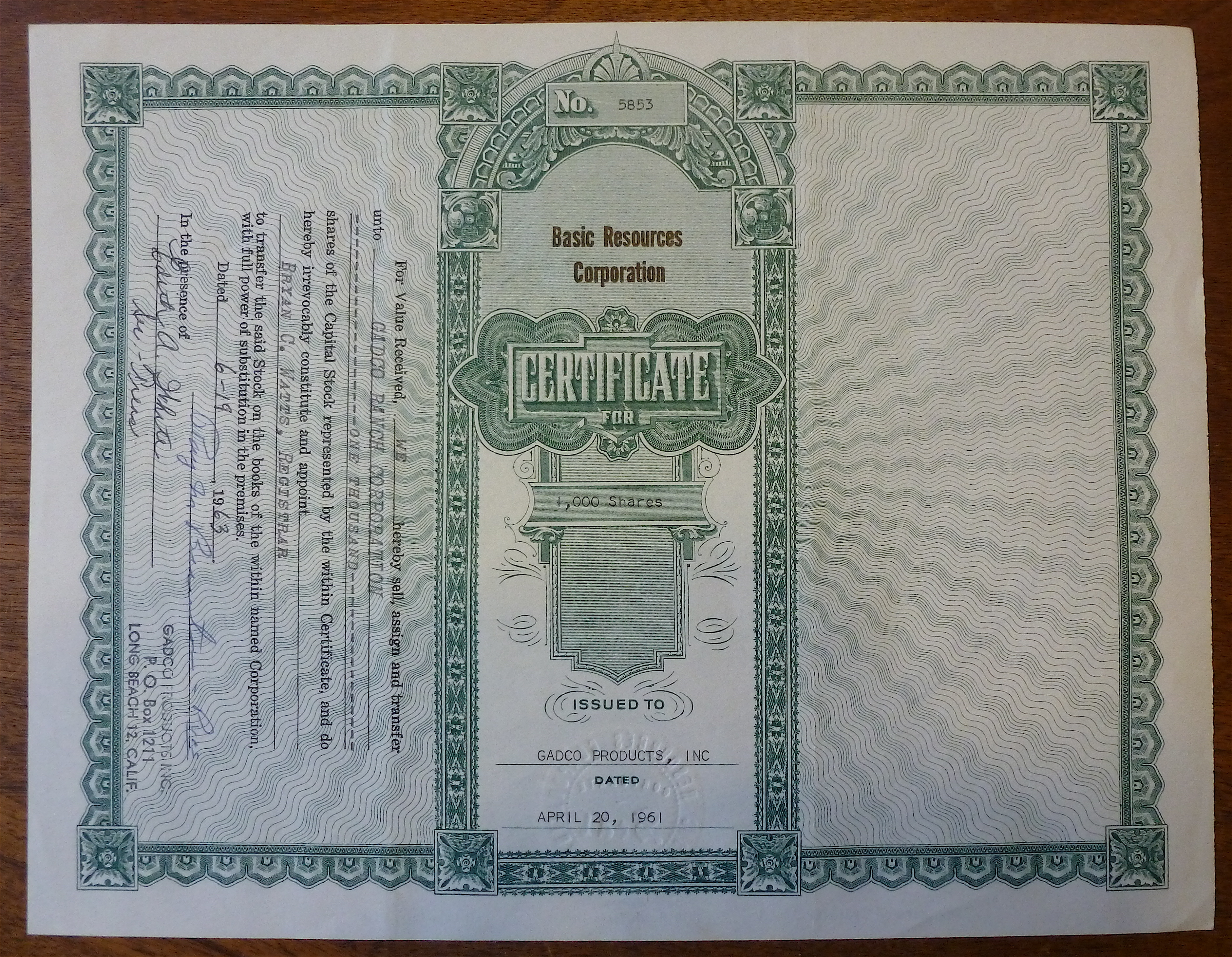 1961 Basic Resources Corporation Stock Certificate